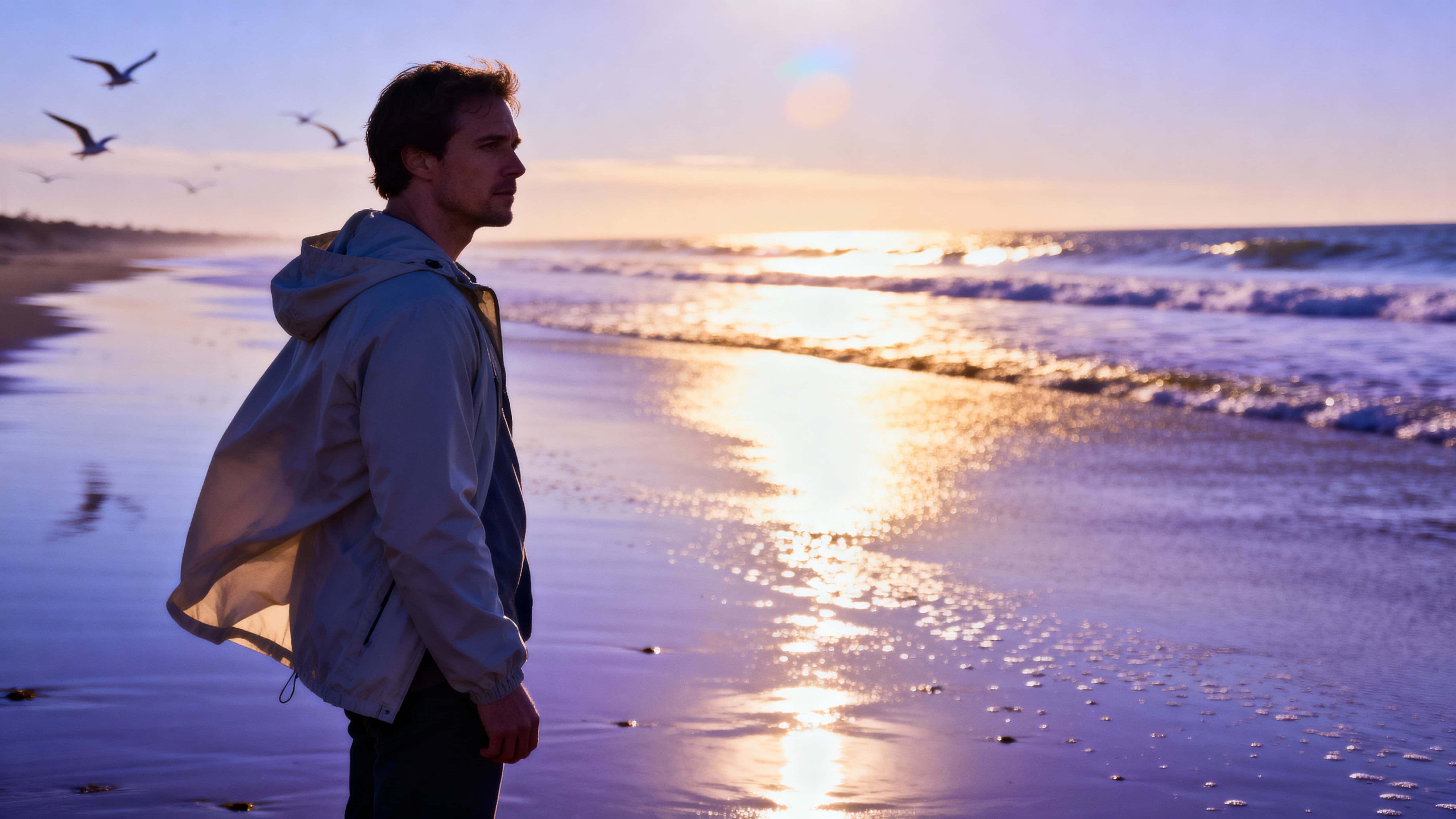 A cinematic ultra-realistic photo of a lone man standing on a wet sandy shore at sunrise, his light windbreaker fluttering as golden sunlight reflects on calm waves and distant seagulls.