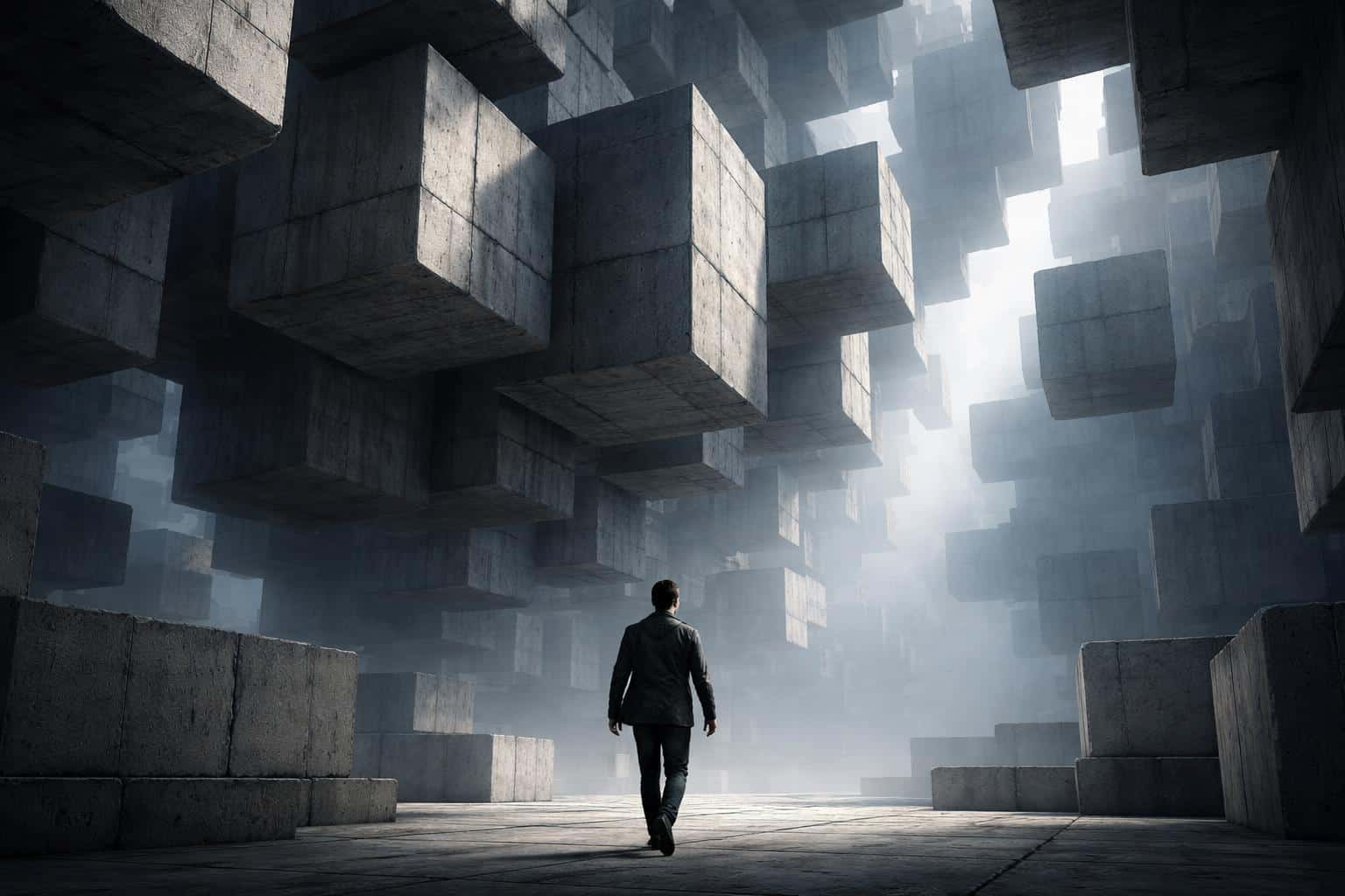 A 3D-rendered scene of a lone man walking through a surreal city of floating concrete cubes, composed for a 3:2 poster-cover with cinematic framing and mood.