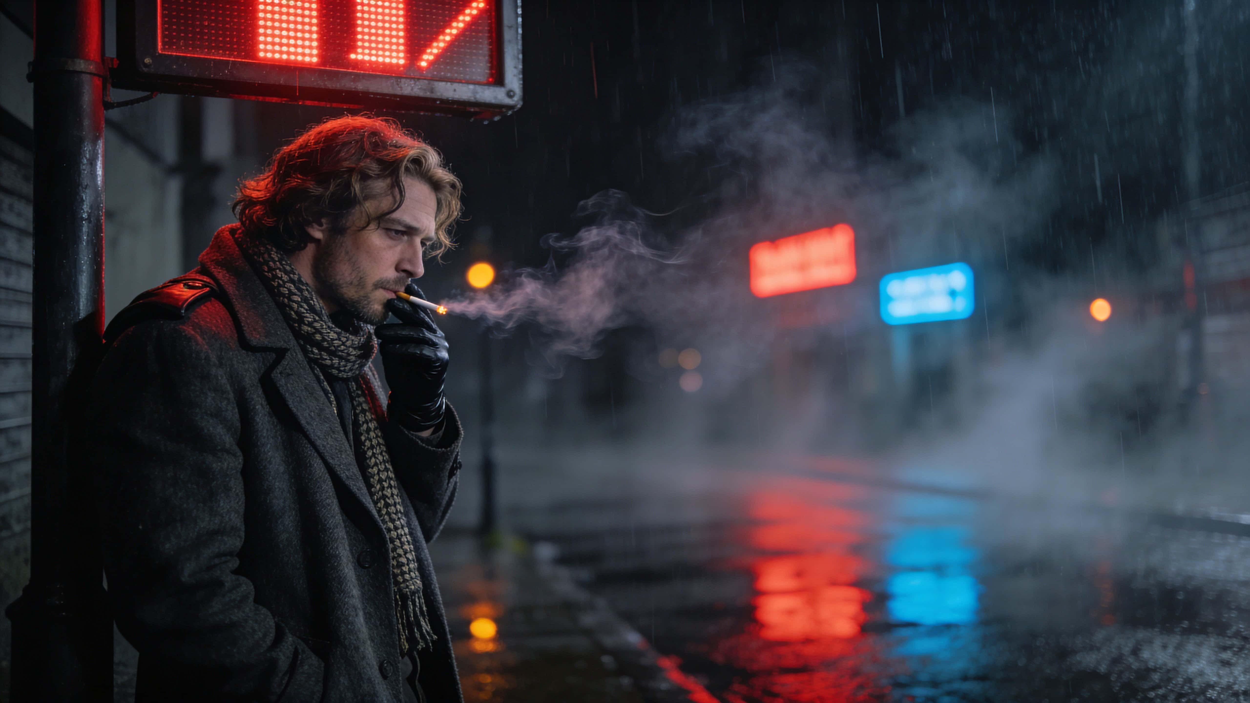 A 16:9 widescreen portrait of a weary man in his early 30s under a flickering street sign at left, cigarette smoke and neon-streaked rain mist filling the right negative space.