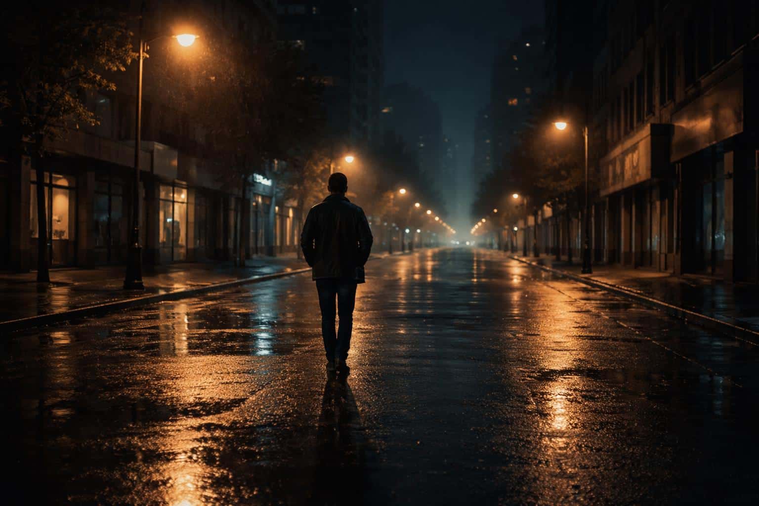 Nighttime street photograph of a lone man walking an empty urban street with cinematic neo-noir mood and high-contrast lighting, composed for poster-cover use.