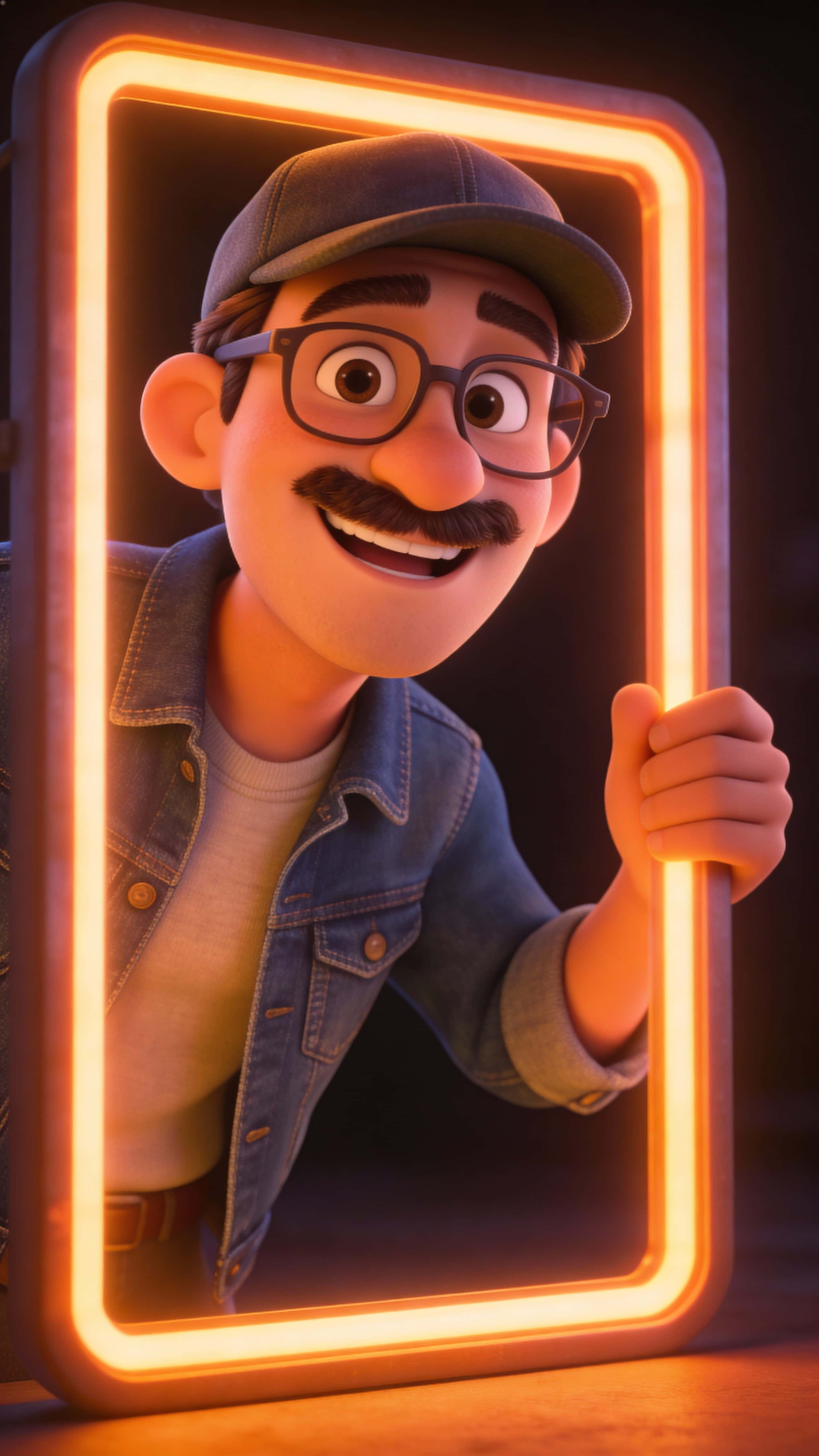 Half-body, ultra-detailed 3D cartoon man with glasses and moustache wearing a denim jacket and cap, emerging through a glowing neon rectangular frame against a dark studio backdrop.