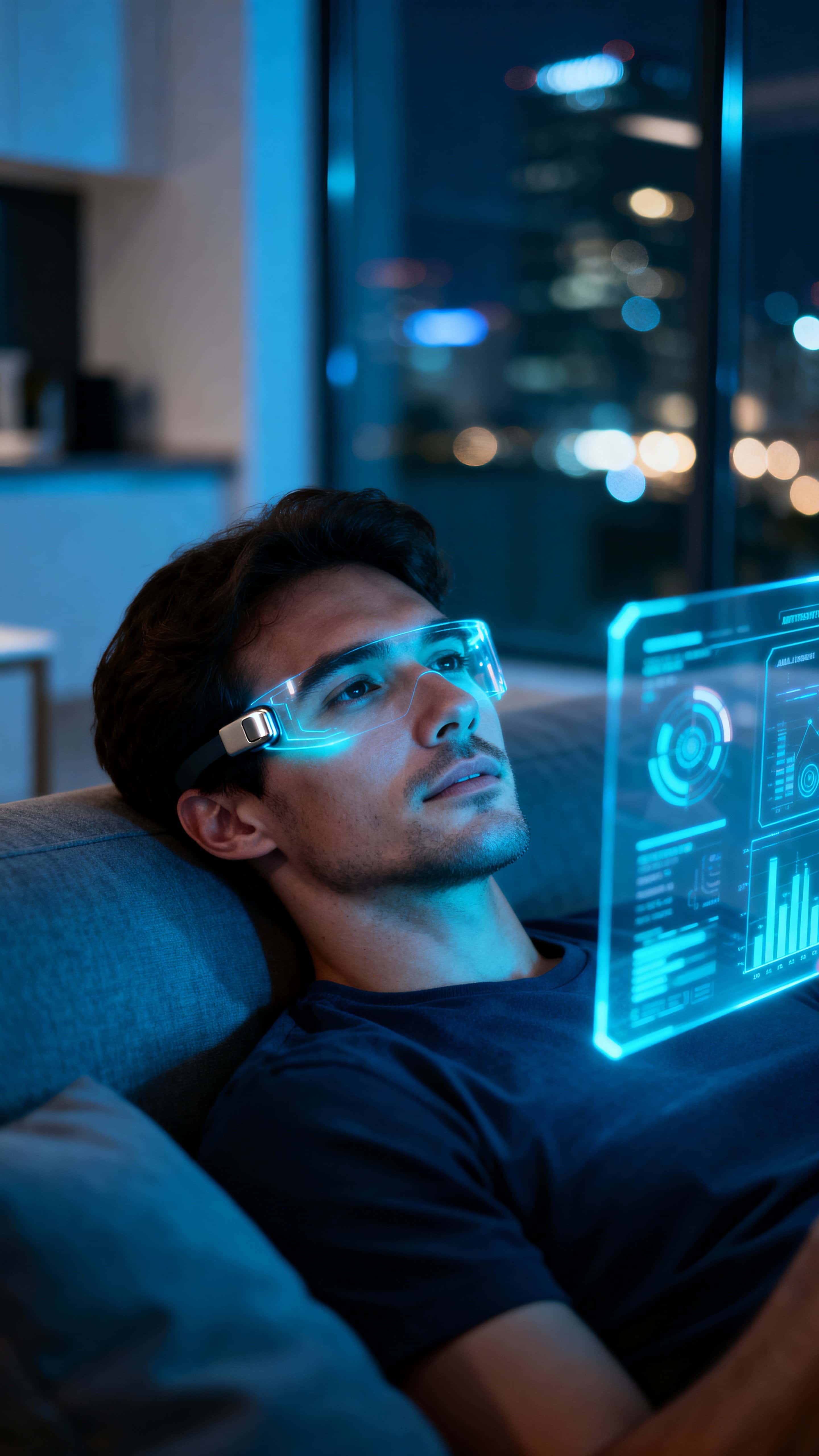 A tech-savvy man lounges on a sofa with a transparent holographic display of AI analytics and digital visuals, deep blue and cyan glows with soft white highlights on a slate-gray glass wall at night.