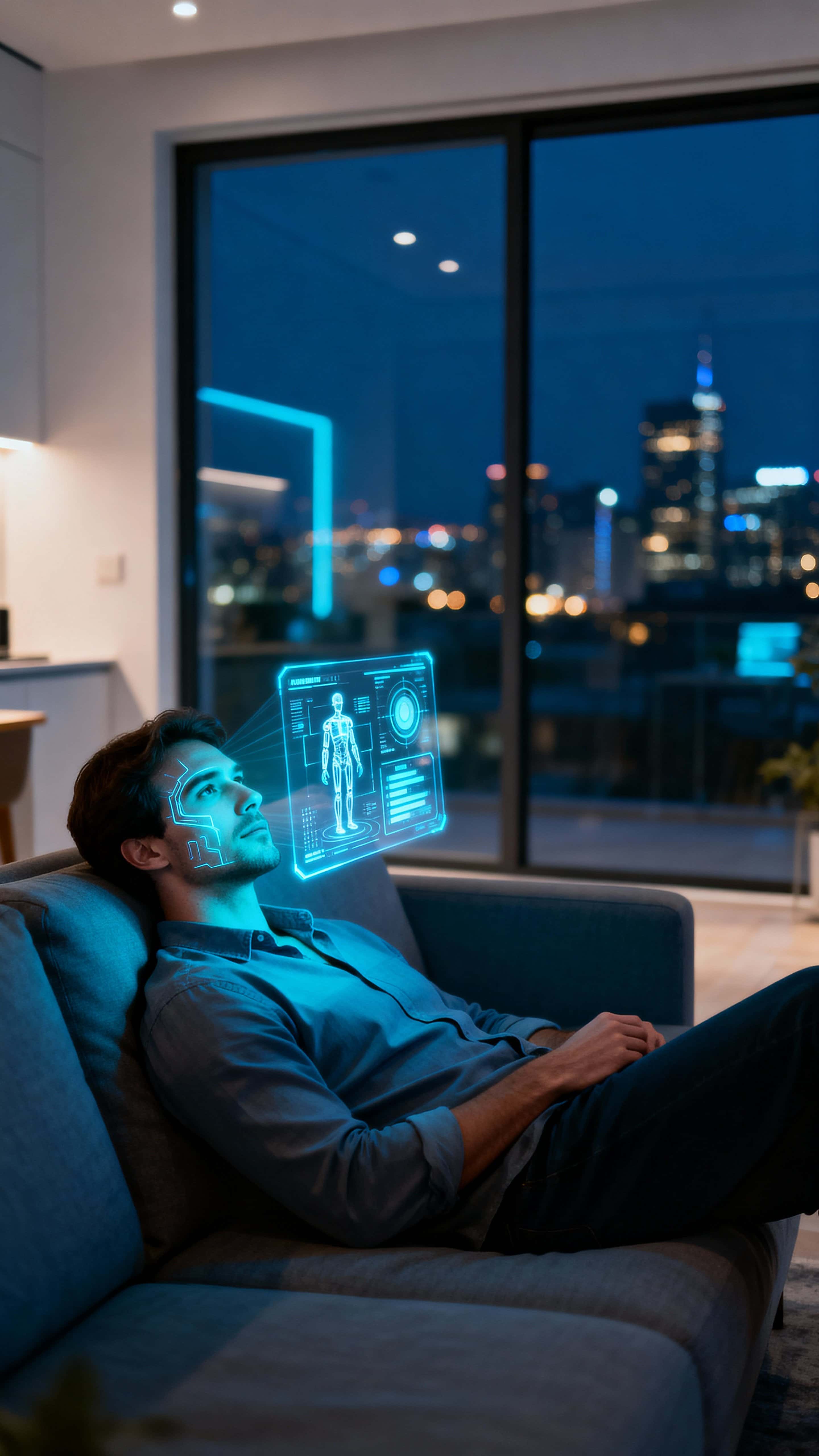 A tech-savvy man lounges on a sofa with a transparent holographic display of AI analytics and digital visuals, deep blue and cyan glows with soft white highlights on a slate-gray glass wall at night.
