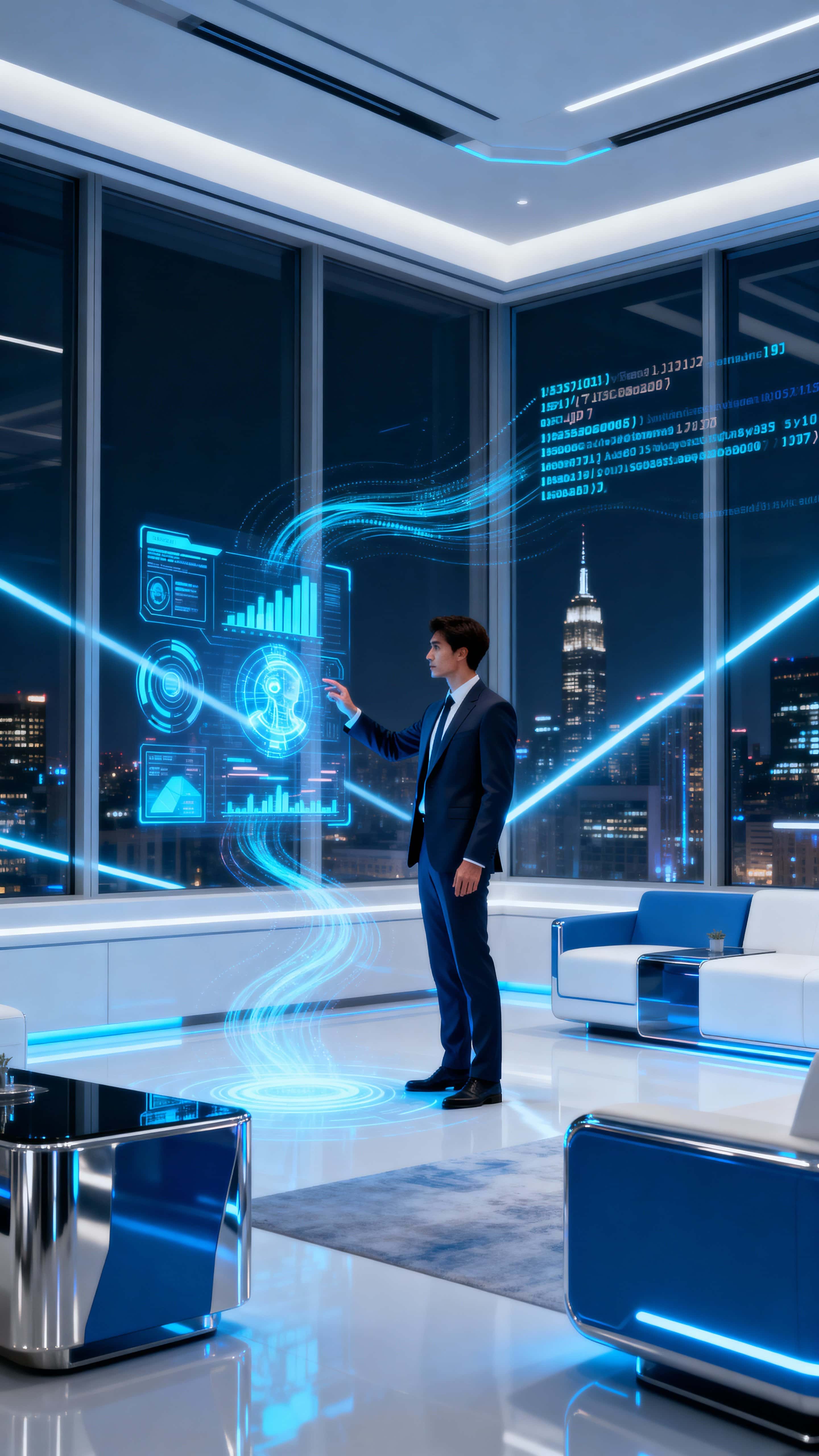 A man controls a holographic AI interface mid-air with glowing cyan and electric blue graphics, code streams and 3D charts against a deep-navy night skyline through panoramic windows in a tall 9:16 frame.