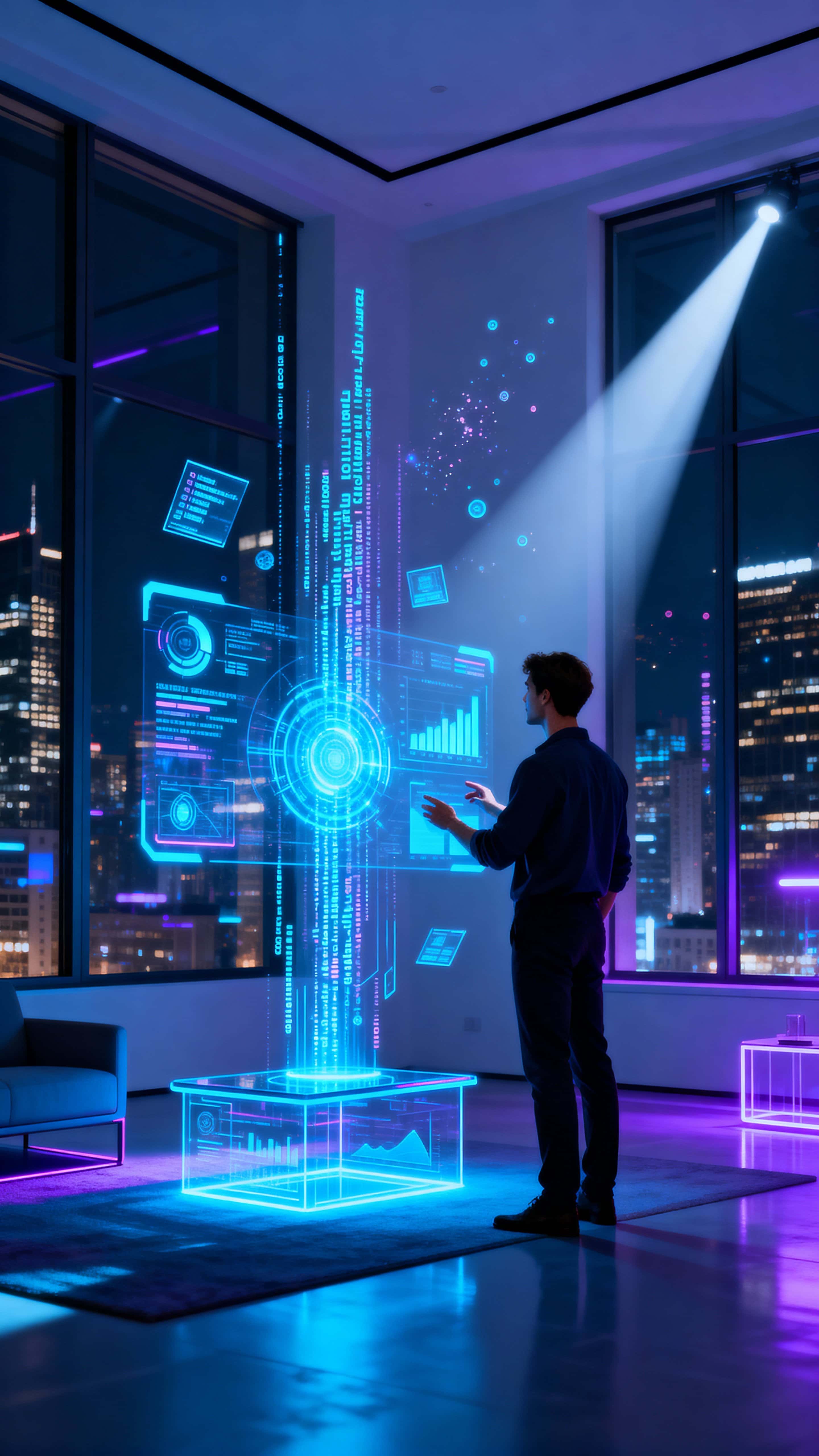A man controls a holographic AI interface mid-air with glowing cyan and electric blue graphics, code streams and 3D charts against a deep-navy night skyline through panoramic windows in a tall 9:16 frame.