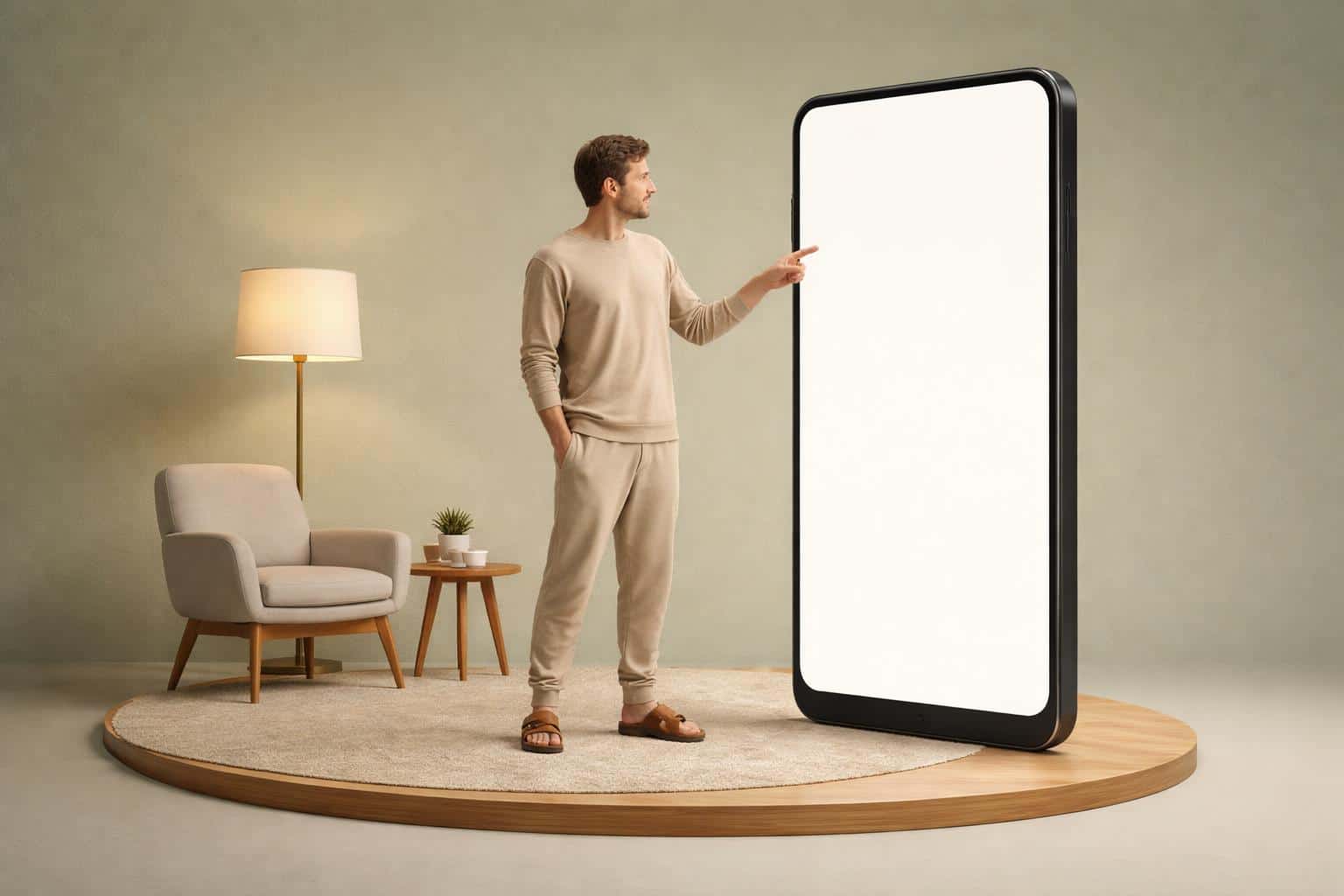 Man interacting with an oversized smartphone on a circular wooden platform, photographed in a clean studio style with minimalist lighting and poster-ready composition.