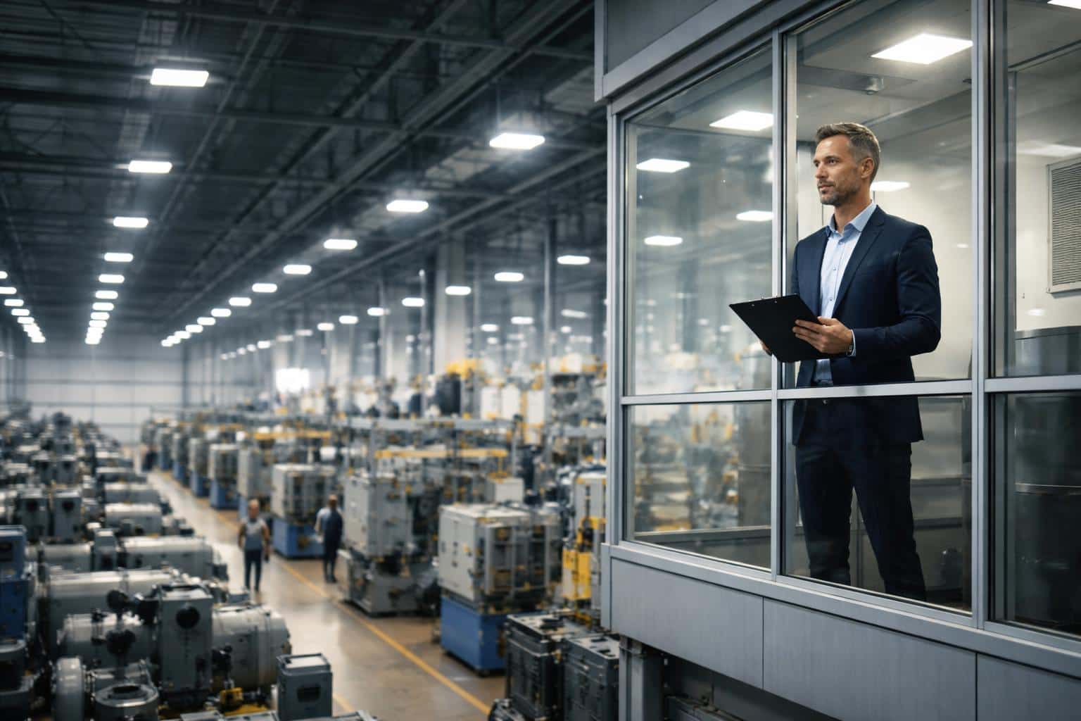 Manager in a glass cabin overlooks a busy production floor in an editorial photography style, composed for a 3:2 poster-cover with a measured corporate mood.