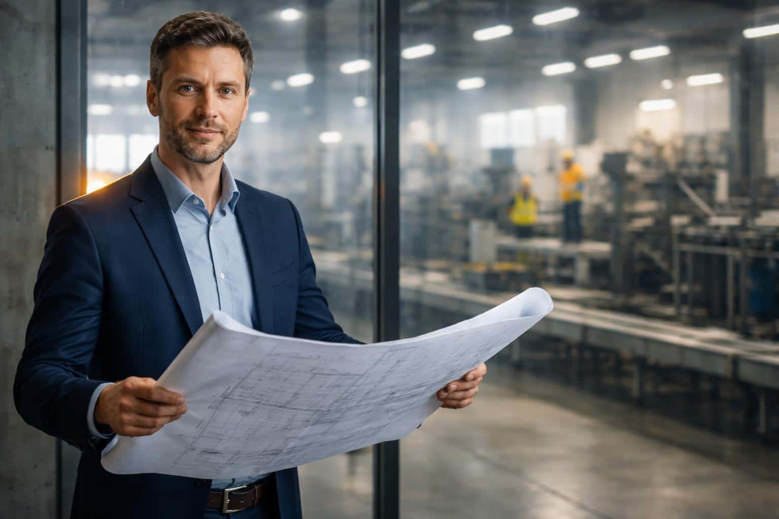 Manager holding a rolled blueprint in a portrait photograph with a working factory visible behind a glass wall, composed for a 3:2 poster-cover with an industrial editorial mood.
