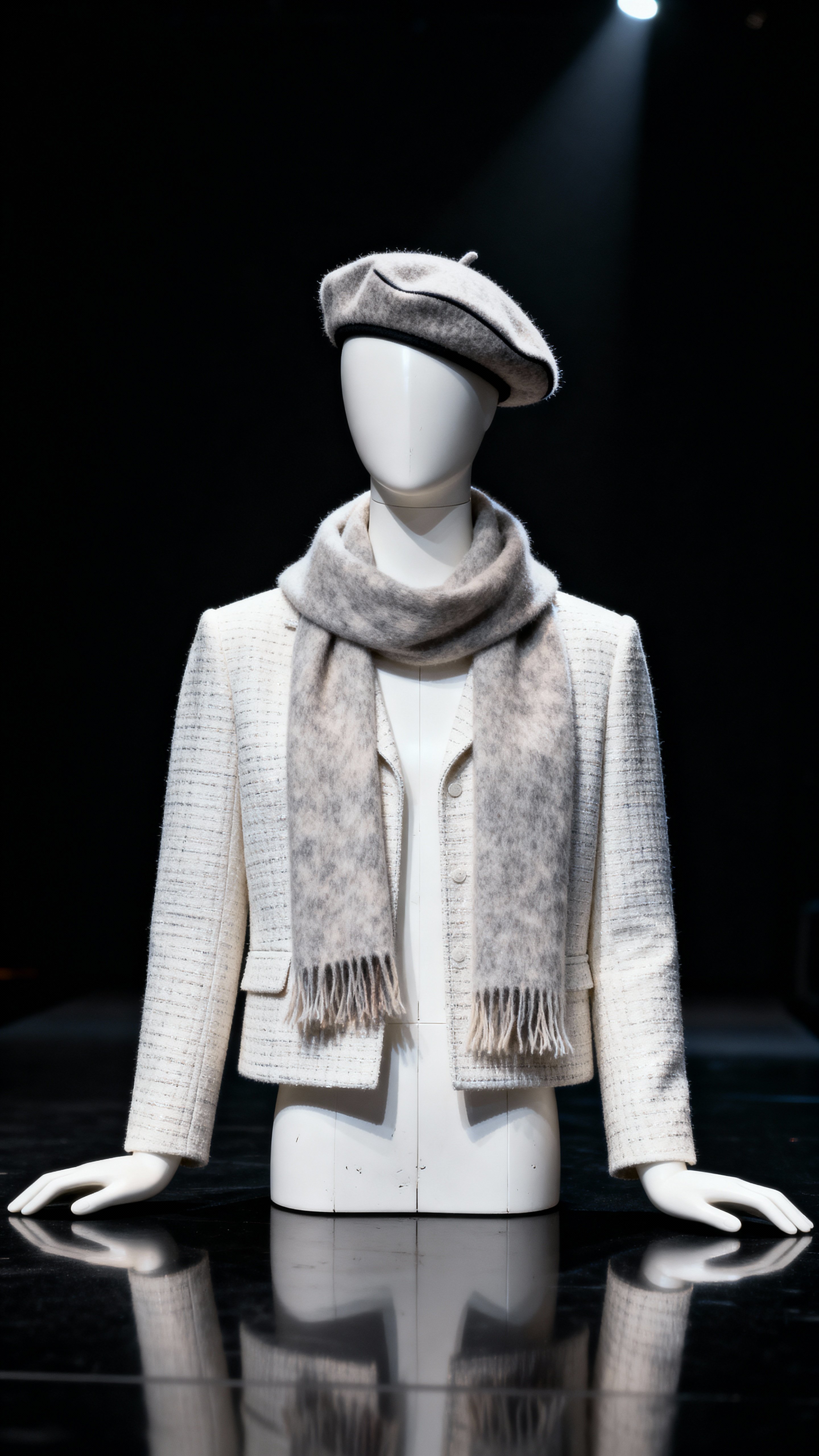 Upper-body, gender-neutral white mannequin wearing a stylish jacket, scarf, and classic beret on a black stage, lit by a cinematic top spotlight to convey elegant prominence.