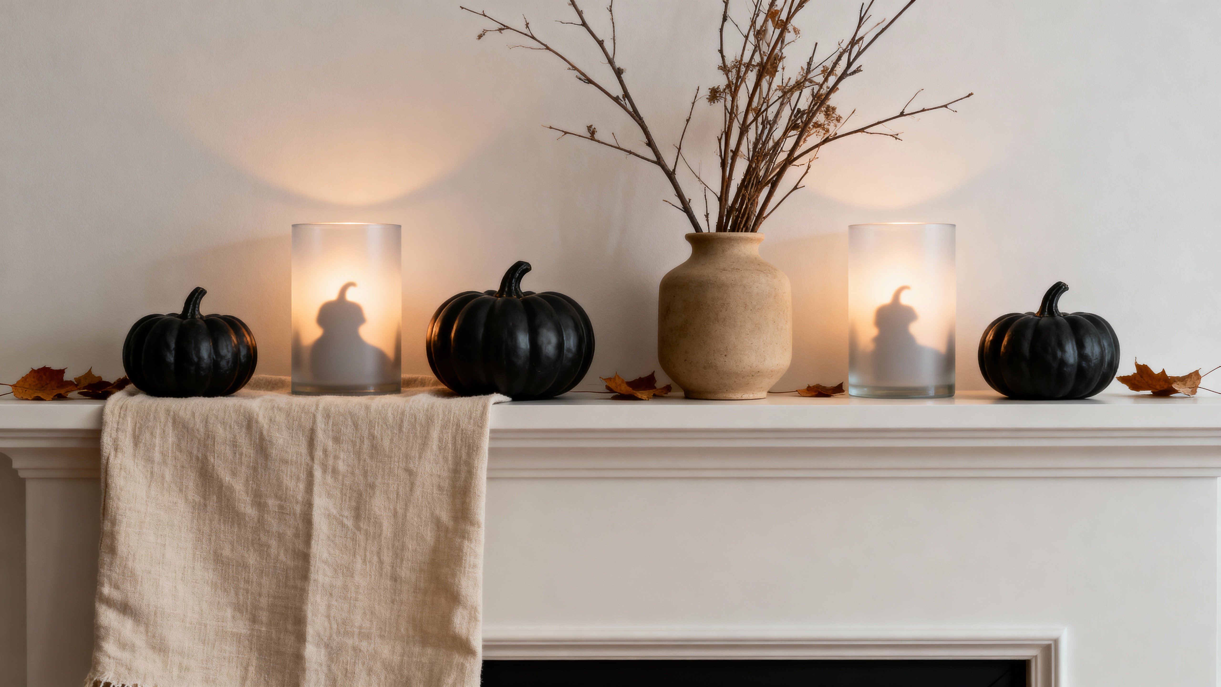Minimal mantel still life with matte black pumpkins, frosted glass cylinders and sand-vase branches on a beige linen runner; bone, charcoal and caramel tones, cozy low wrap lighting and central copy space.