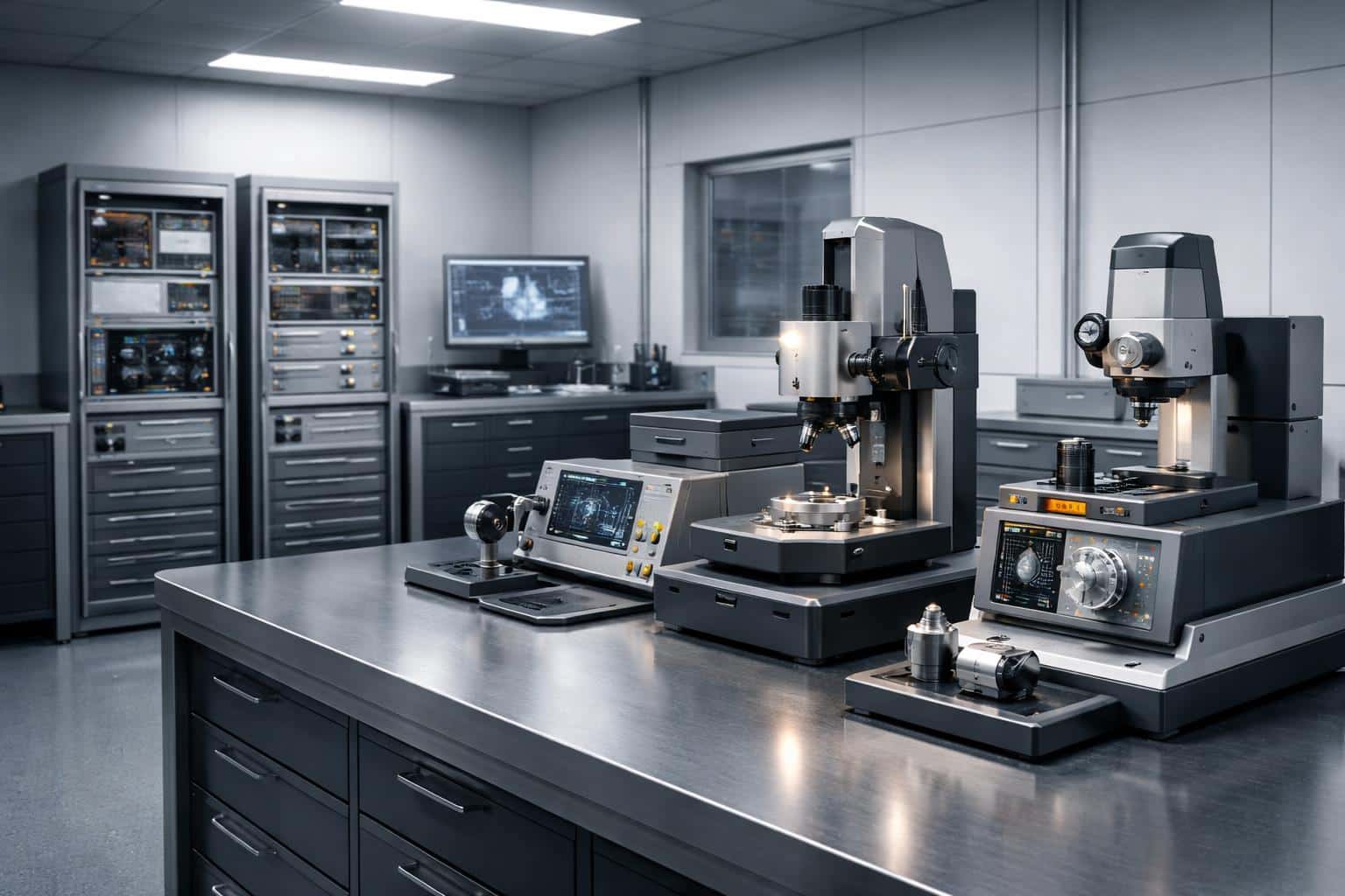 Precision manufacturing test laboratory interior photographed as an architectural study, showing calibrated instruments and clean surfaces with clinical lighting for poster use.