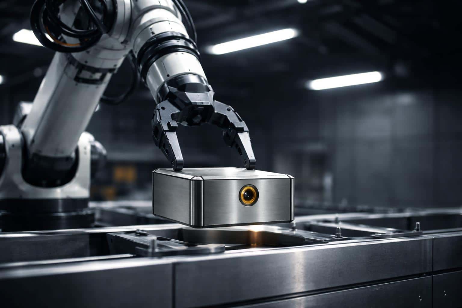 A manufacturing robot arm carefully places a finished product in an industrial product-photography style, composed for a 3:2 poster-cover crop with precise framing.
