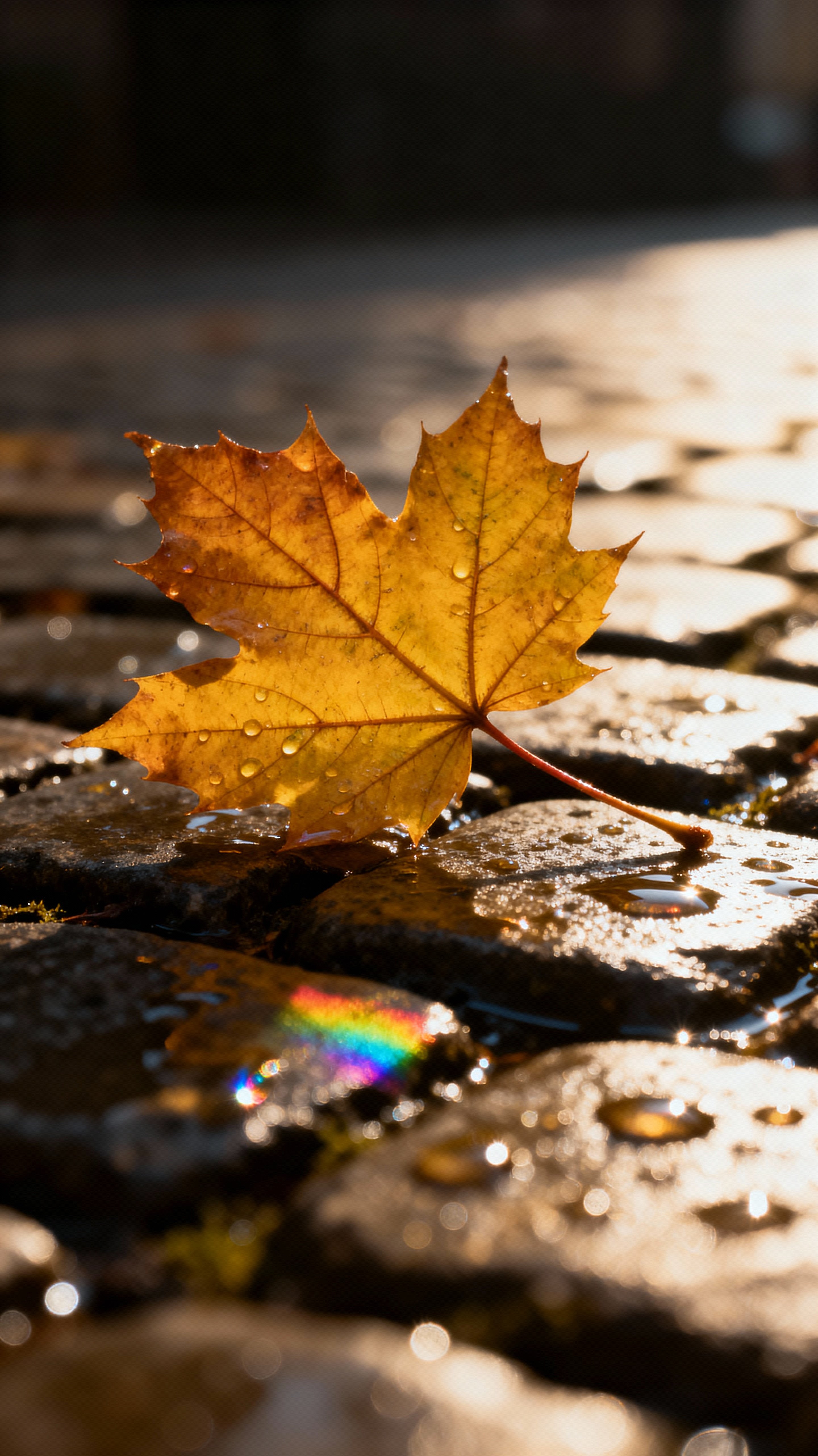 Close-up macro of a single maple leaf resting on wet cobblestones, droplets refracting light into tiny rainbows with crisply defined veins and microtexture, warm amber #C26A2E, moss green #6B8A45, slate gray #4A5563, and gold highlights #D9