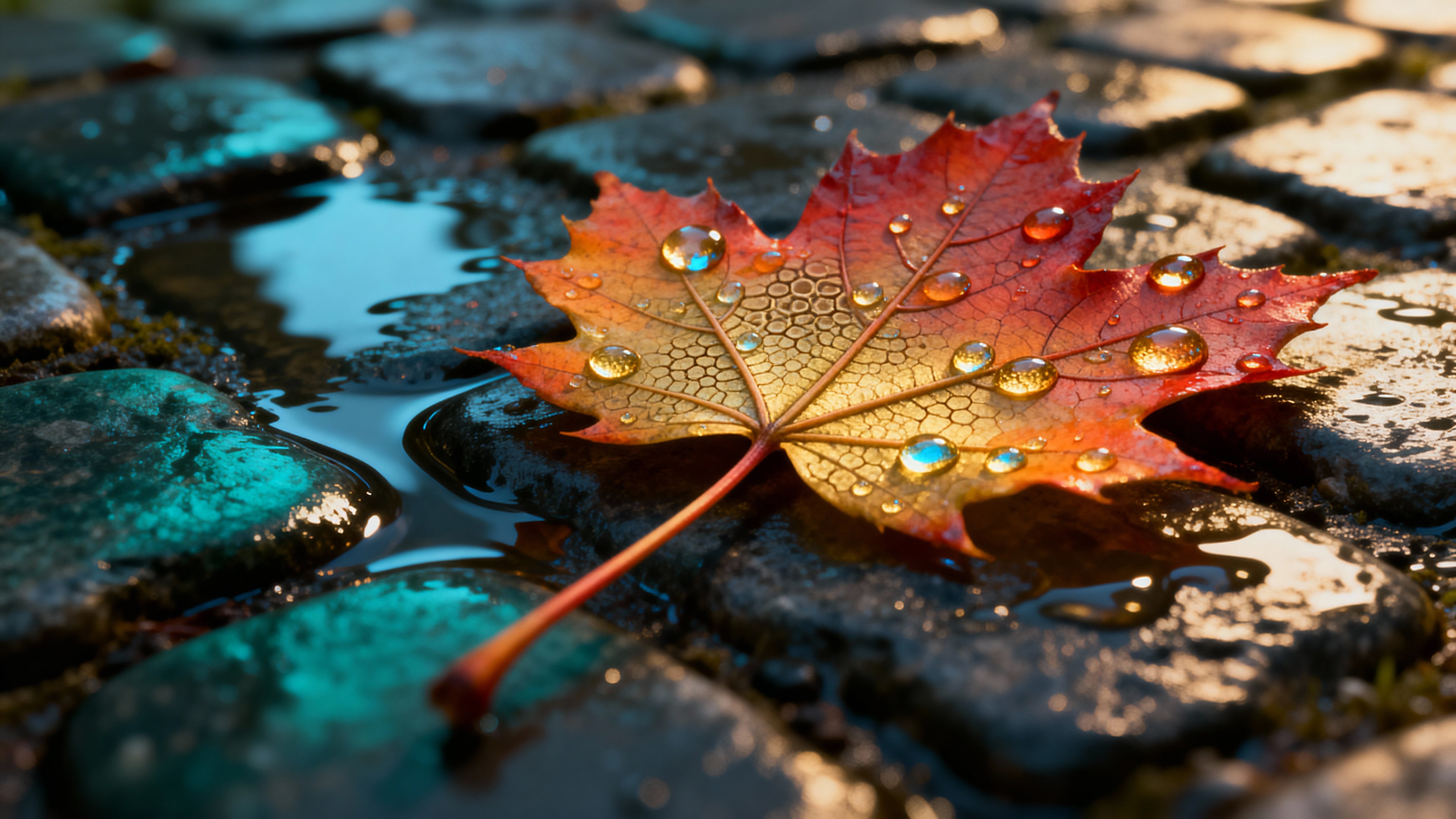 A hyperreal close-up of a single maple leaf resting on rain-dark cobblestones, droplets refracting tiny rainbows and veins rendered in crisp microtexture against a soft background.