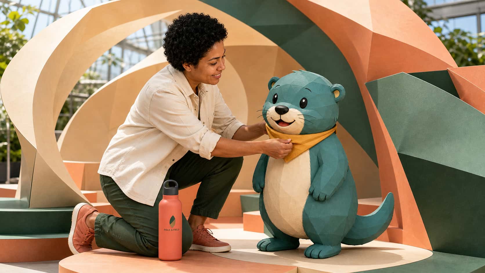 Compose a playful brand campaign that turns a character reference into a life-size paper sculpture while preserving a persona, product, and logo.