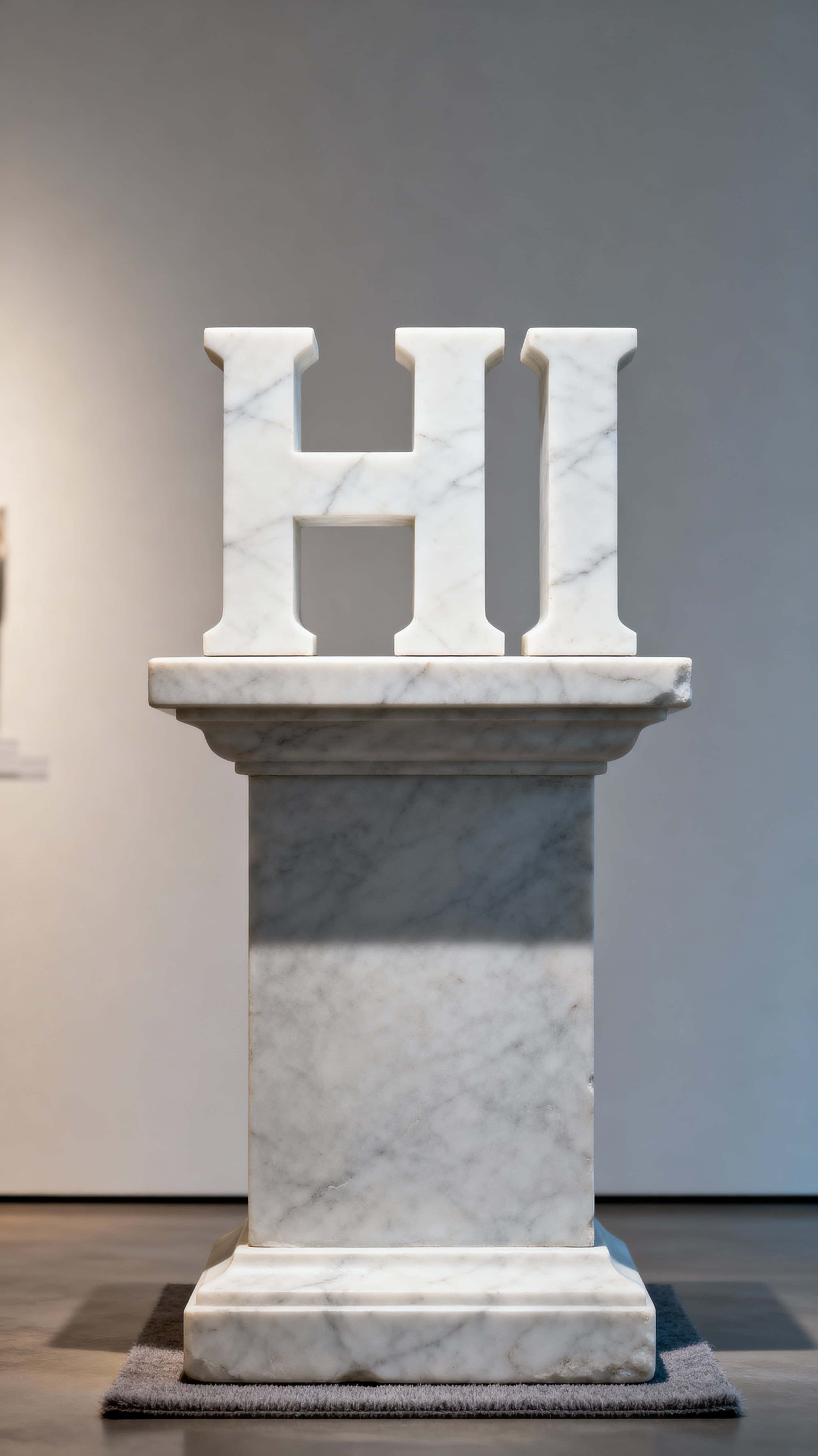 A vertically framed 9:16 portrait of the letters "HI" carved from white marble, shown with crisp edges and subtle veining, lit to reveal form and tactile surface on a neutral plane.