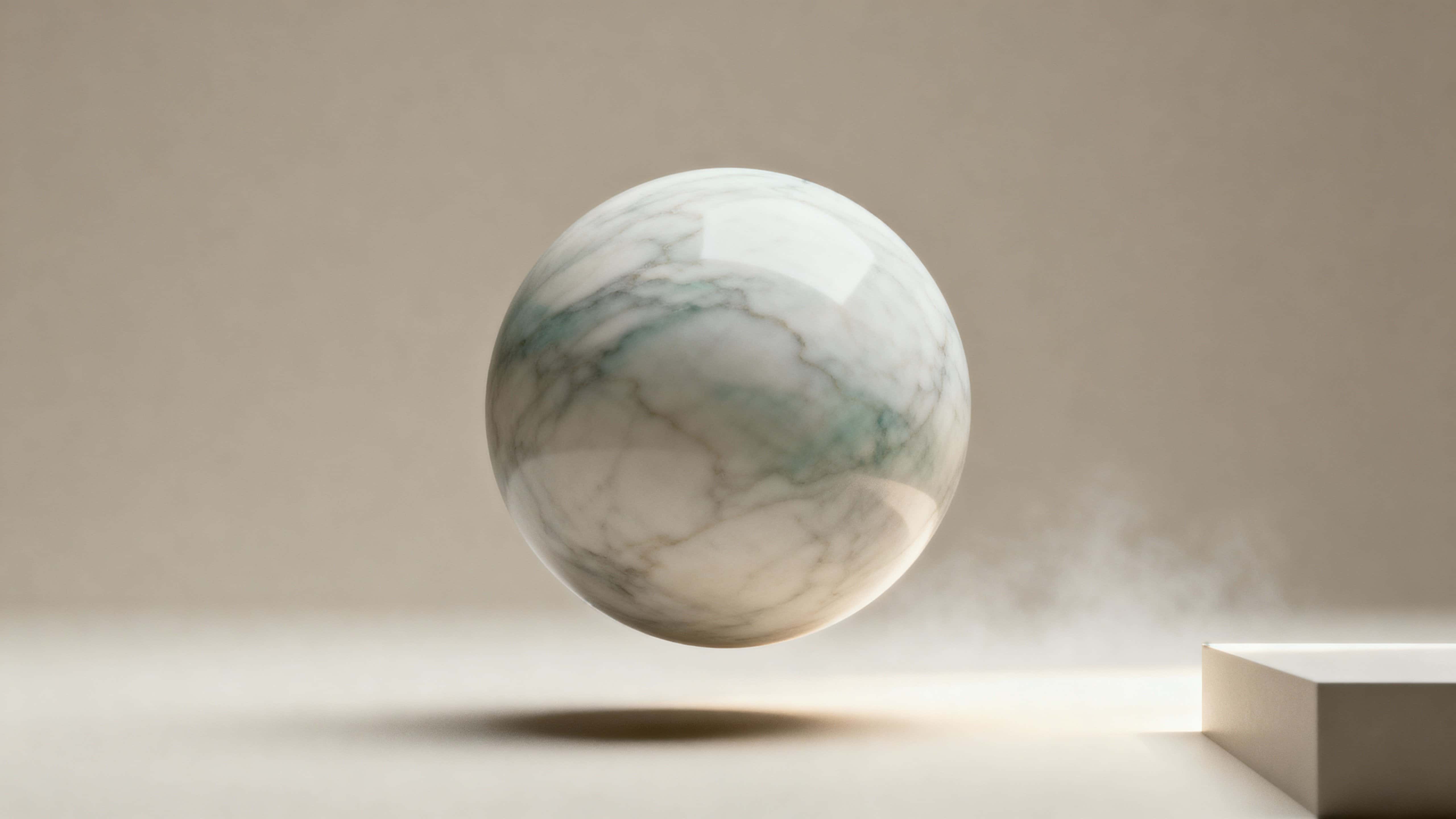 A single soft-edged marble form floats midair within a 16:9 frame, lit to reveal faint veins and satin surfaces while the scene reads as calm, refined, and minimalistic decor imagery.