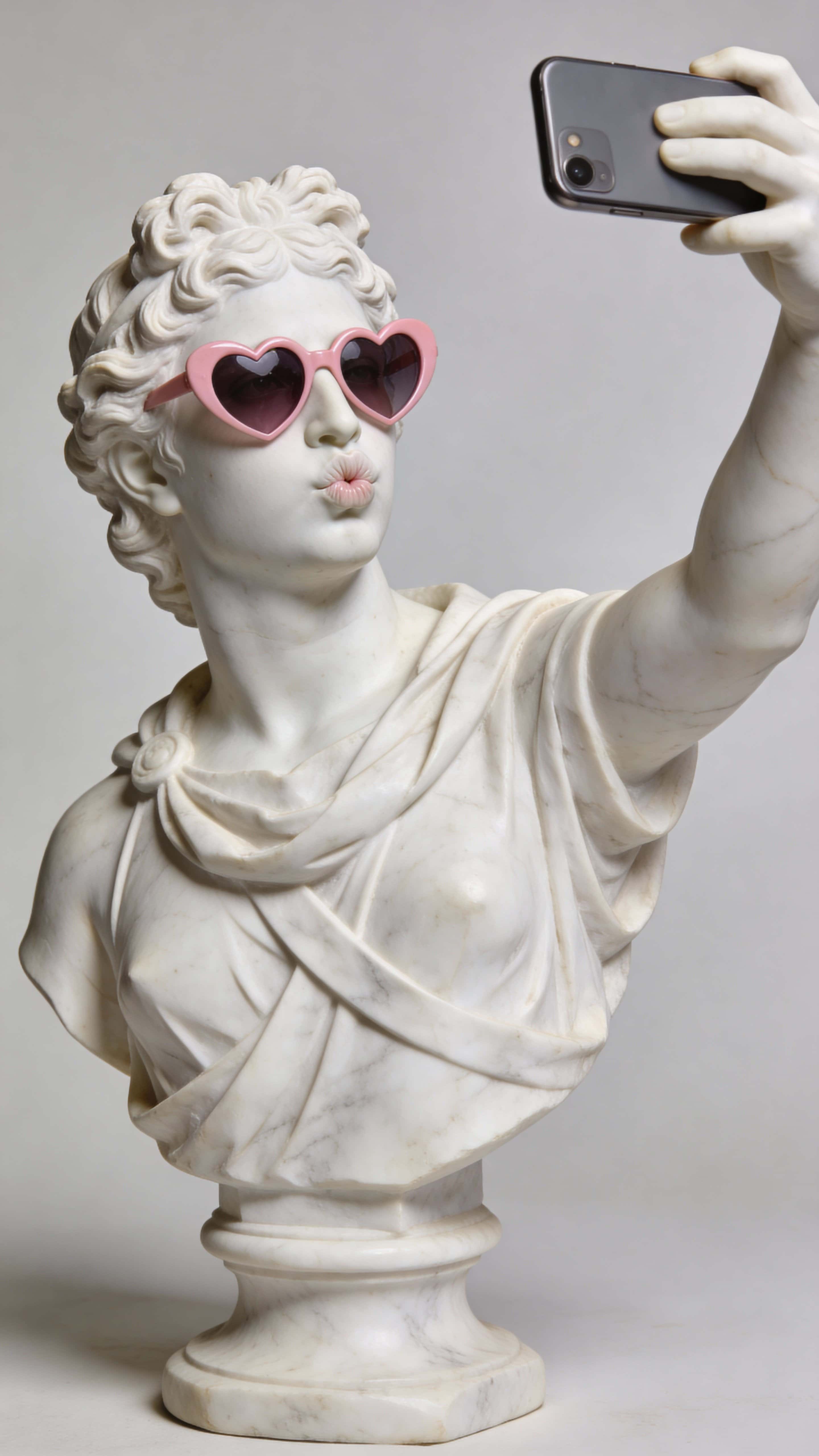 A photorealistic white marble statue of a regal ancient figure puckering its lips in a duck-face selfie while wearing pink heart-shaped sunglasses and holding a smartphone against a clean minimalist background.
