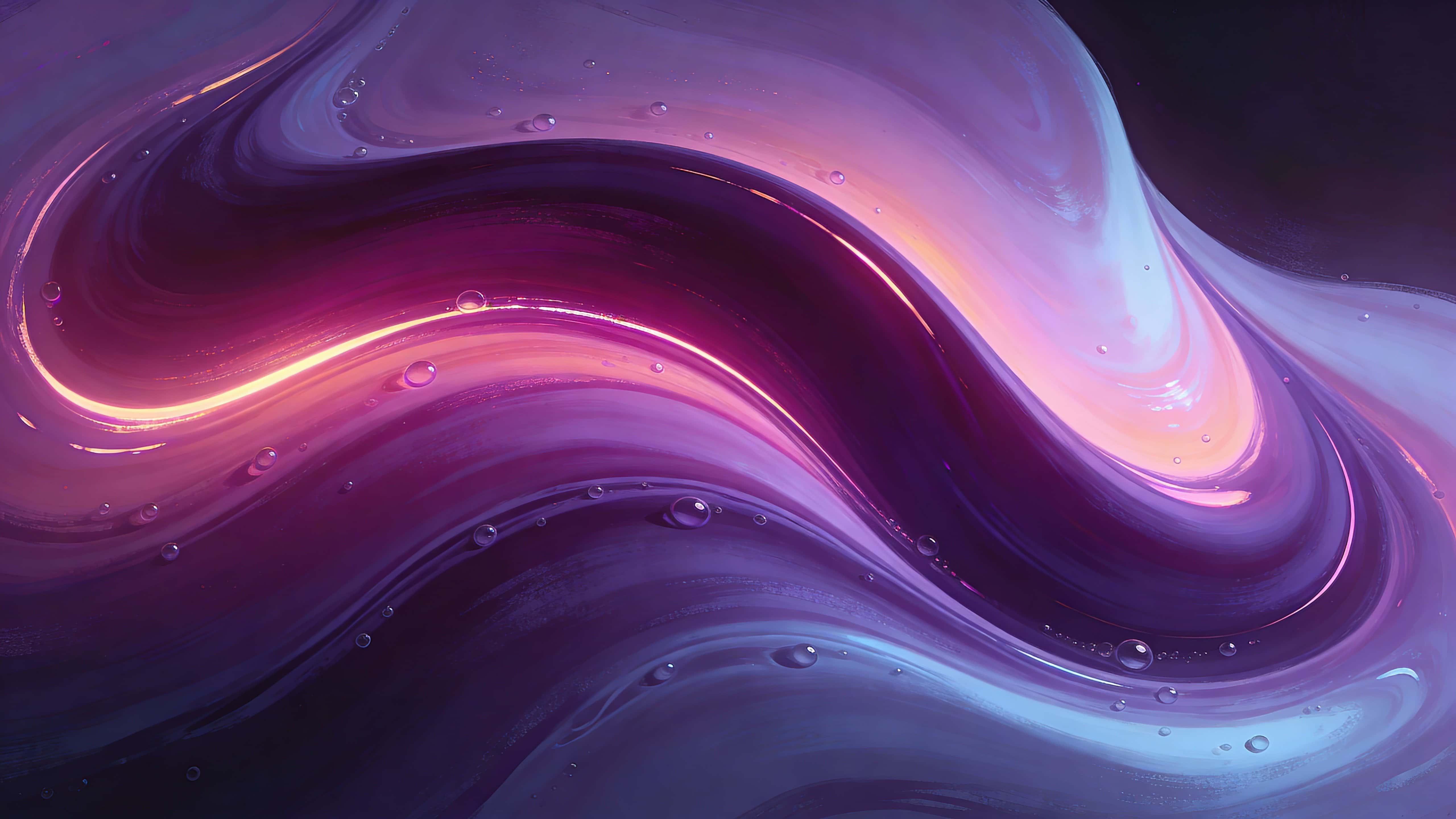 A full-bleed marbled abstract surface fills a 16:9 frame with wide, ribbon-like swirling pigments, smooth viscous texture, soft glossy highlights, and deep slate-violet to magenta-periwinkle transitions.