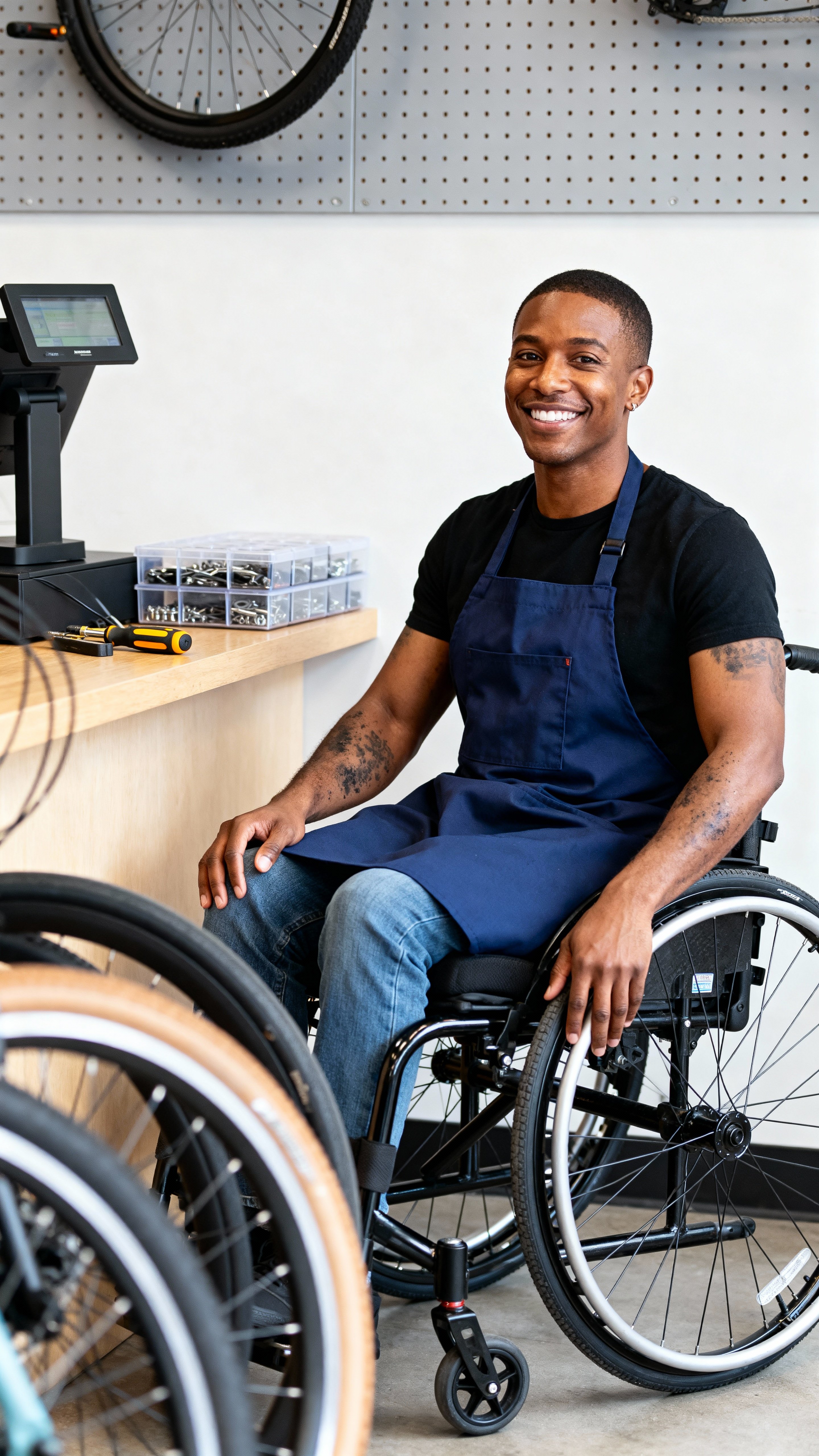 Marcus, a Black small-business owner in a navy apron sits in a lightweight wheelchair by his counter, smiling amid warm wood tones, muted pegboard beige and grease-dark gray accents.