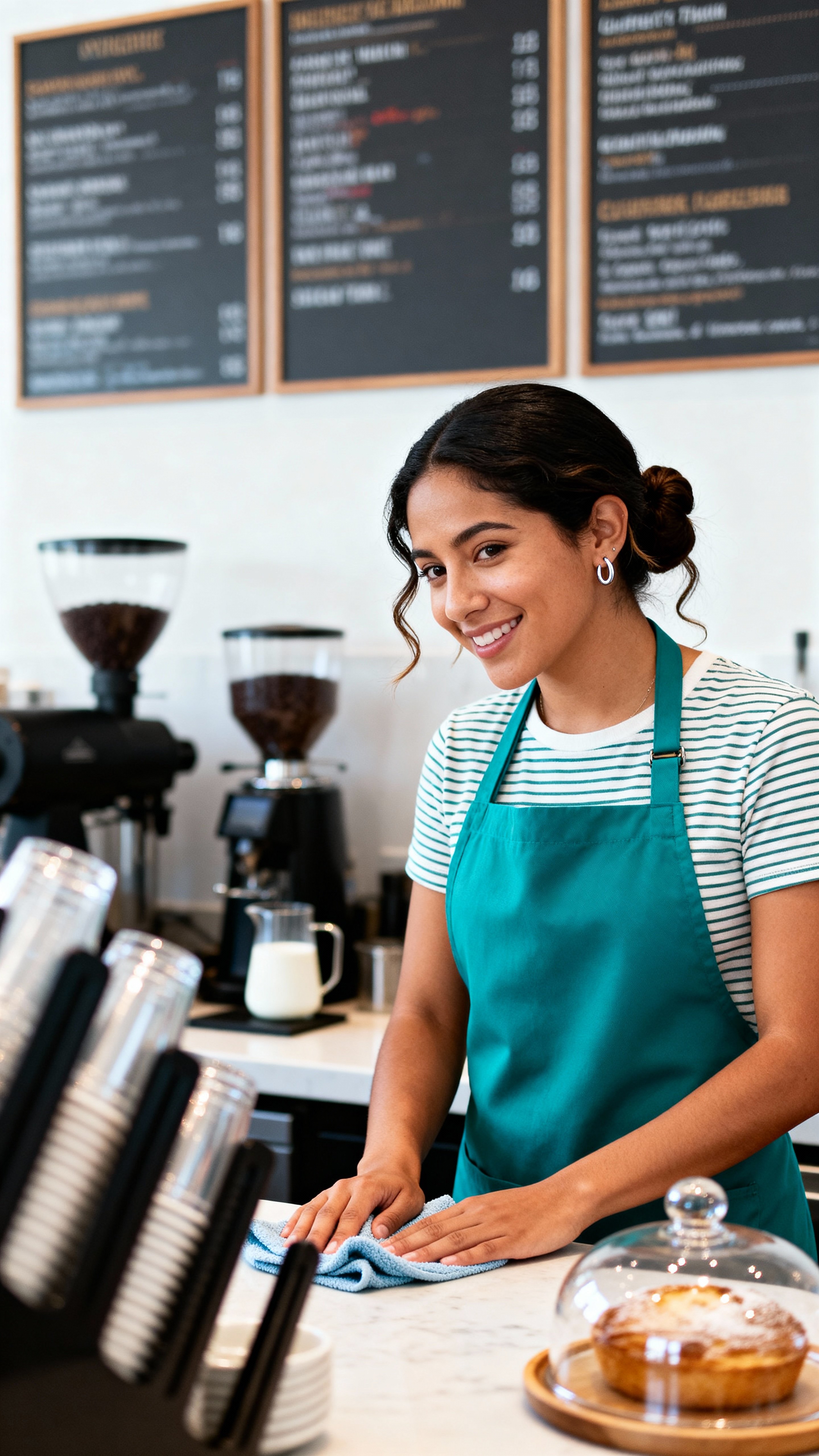 Half-body portrait of Marisol wiping a counter in a bright downtown LA café, teal apron over a striped shirt, warm medium skin and dark hair, airy natural color grade with soft cream bokeh and glossy white ceramics.
