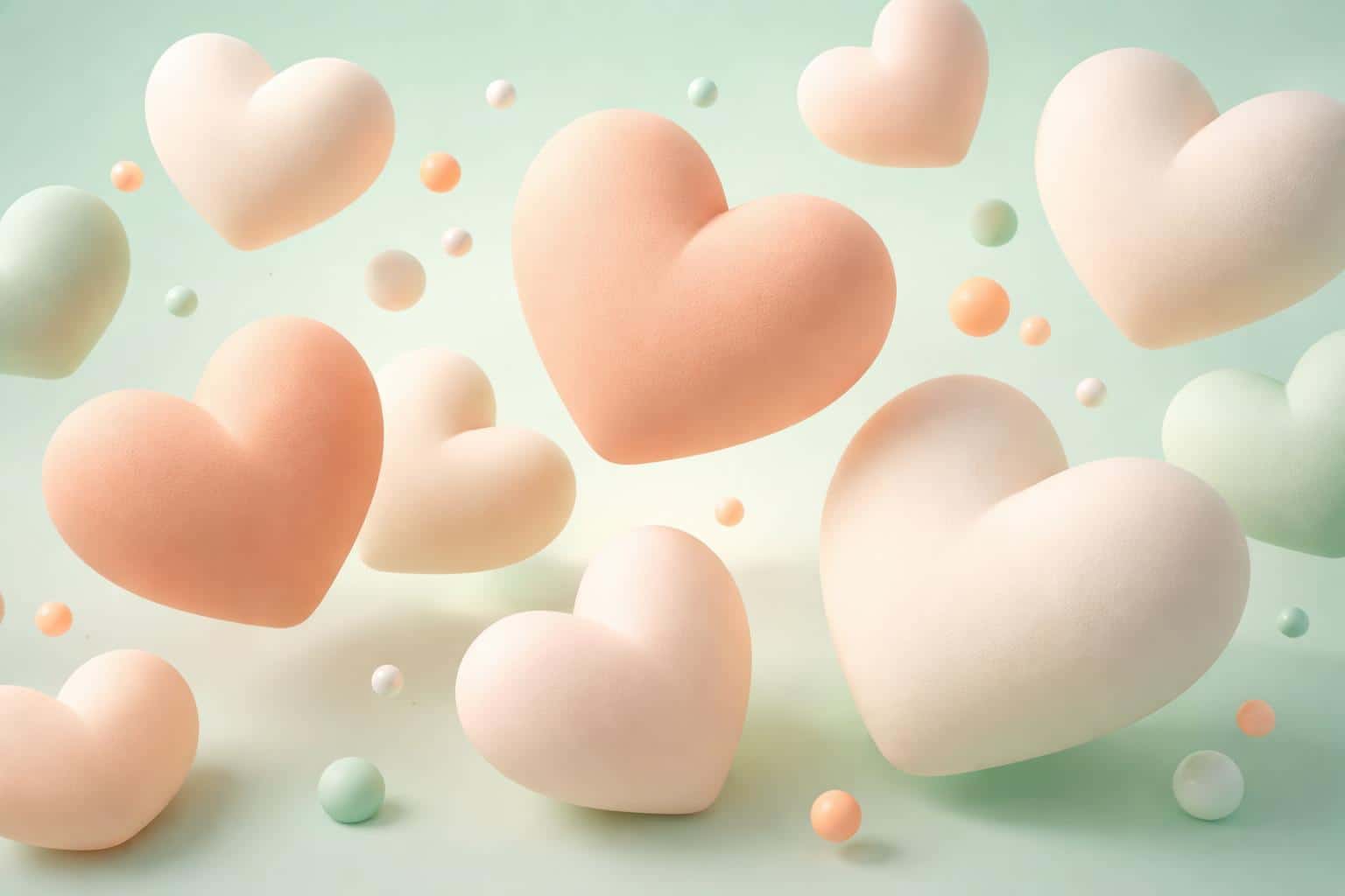 Soft, inflated marshmallow-like hearts in peach and cream float weightlessly in a pastel mint-green void, rendered in tactile claymorphism for a dreamy background.