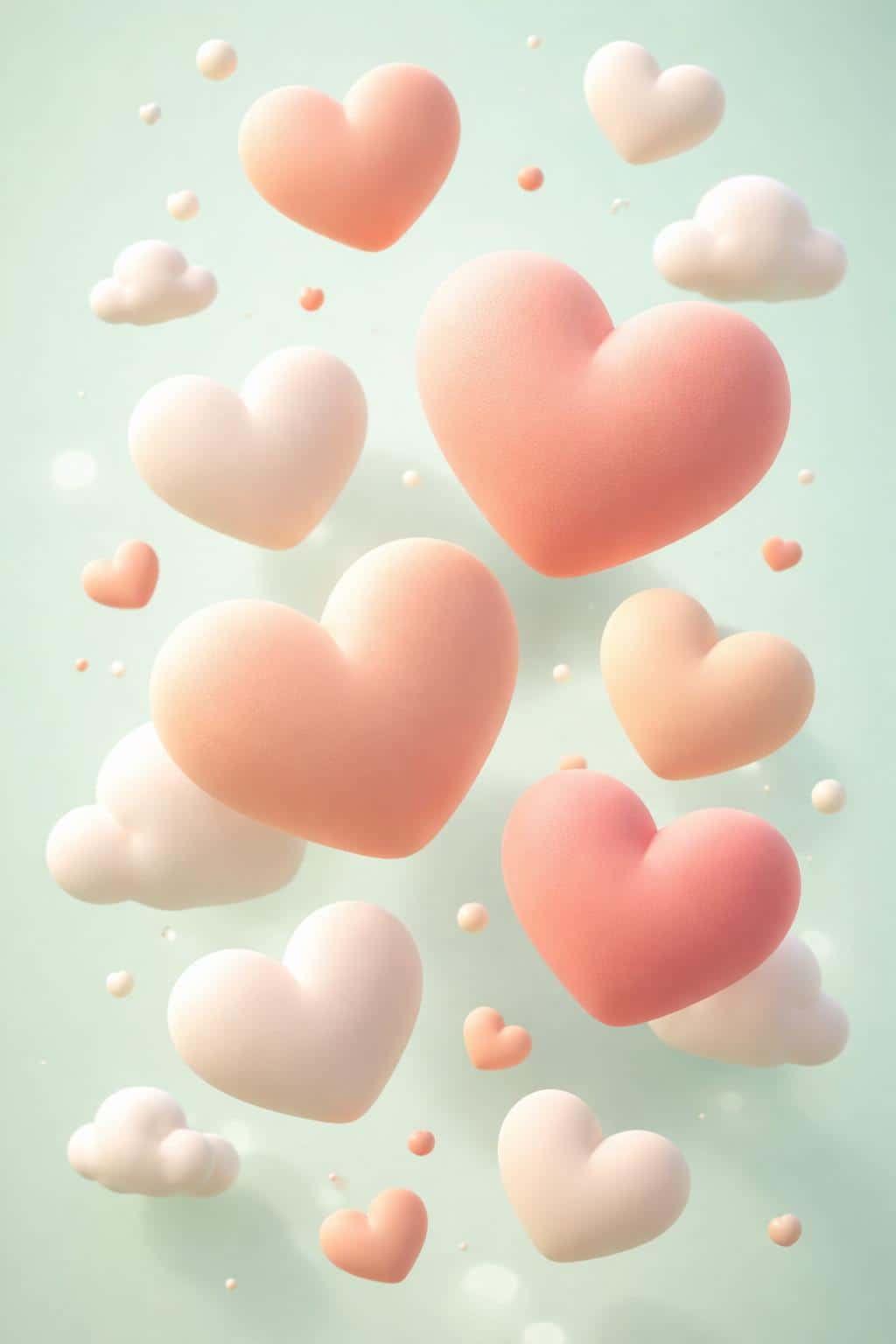 Inflated marshmallow-like hearts in matte peach and cream float upward through a pastel mint void in a tactile claymorphism portrait, playful and romantic.