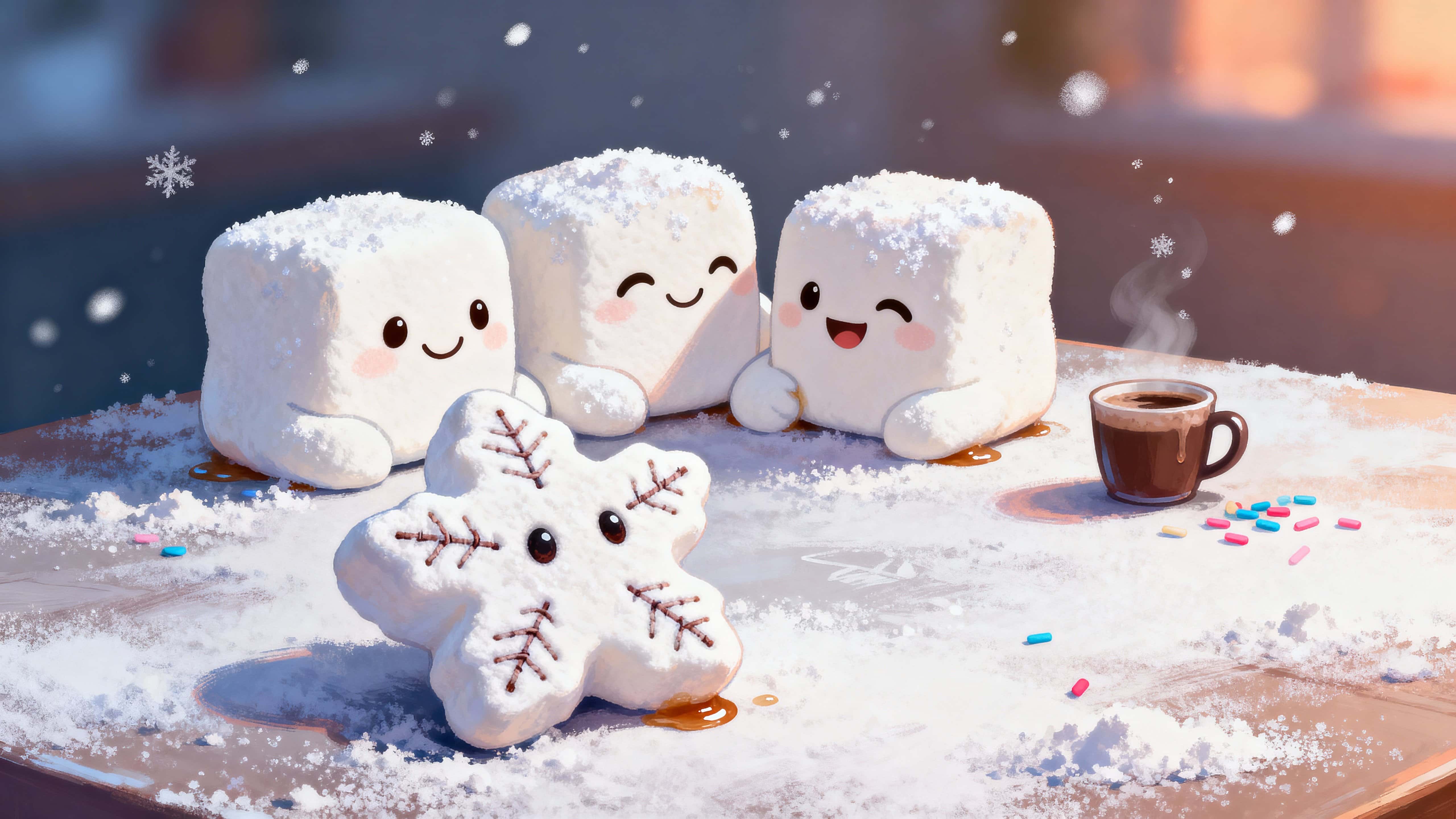 Playful marshmallow snowflake characters arranged in a warm 16:9 horizontal vignette, smiling and interacting on a powdered-sugar tabletop with soft, whimsical lighting and cozy winter cues.