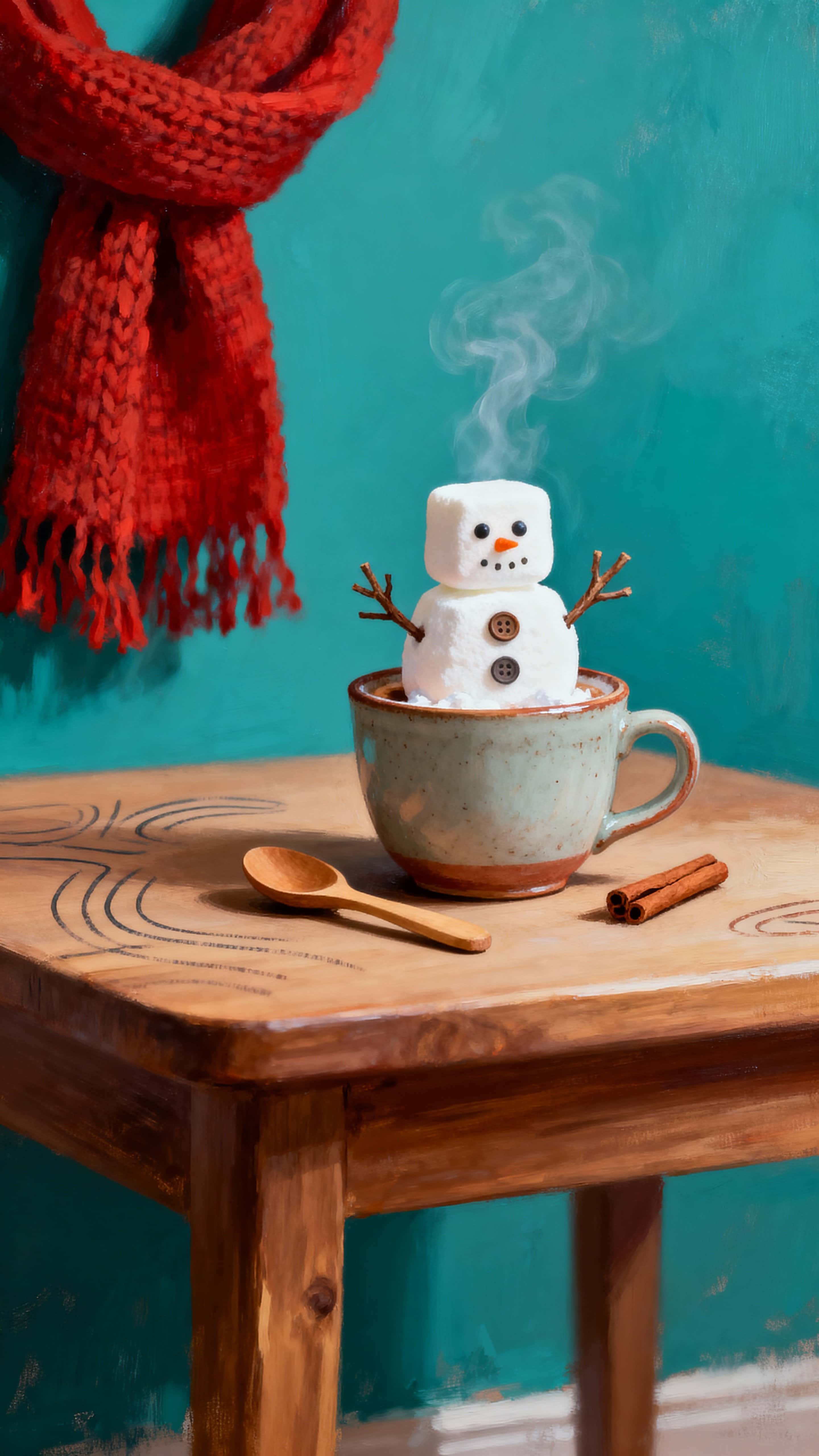 A tiny marshmallow snowman sits in a small ceramic cup on a low table, bathed in gentle warm light with soft cream and brown tones and a hint of teal and brick red accents for contrast.