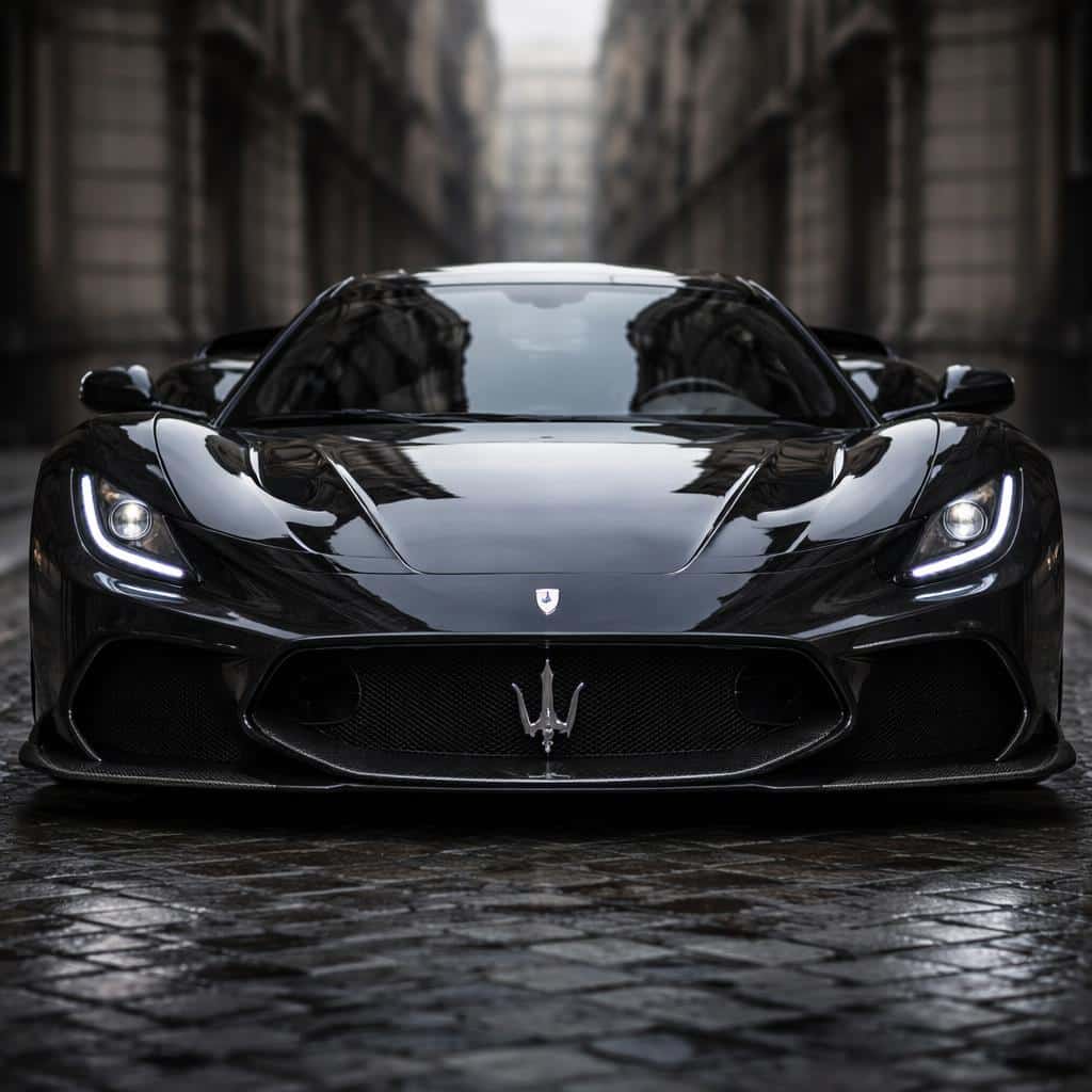 Front-facing Maserati hypercar photographed in an urban courtyard as a glossy product-photography poster image with dramatic reflections and tight square crop.