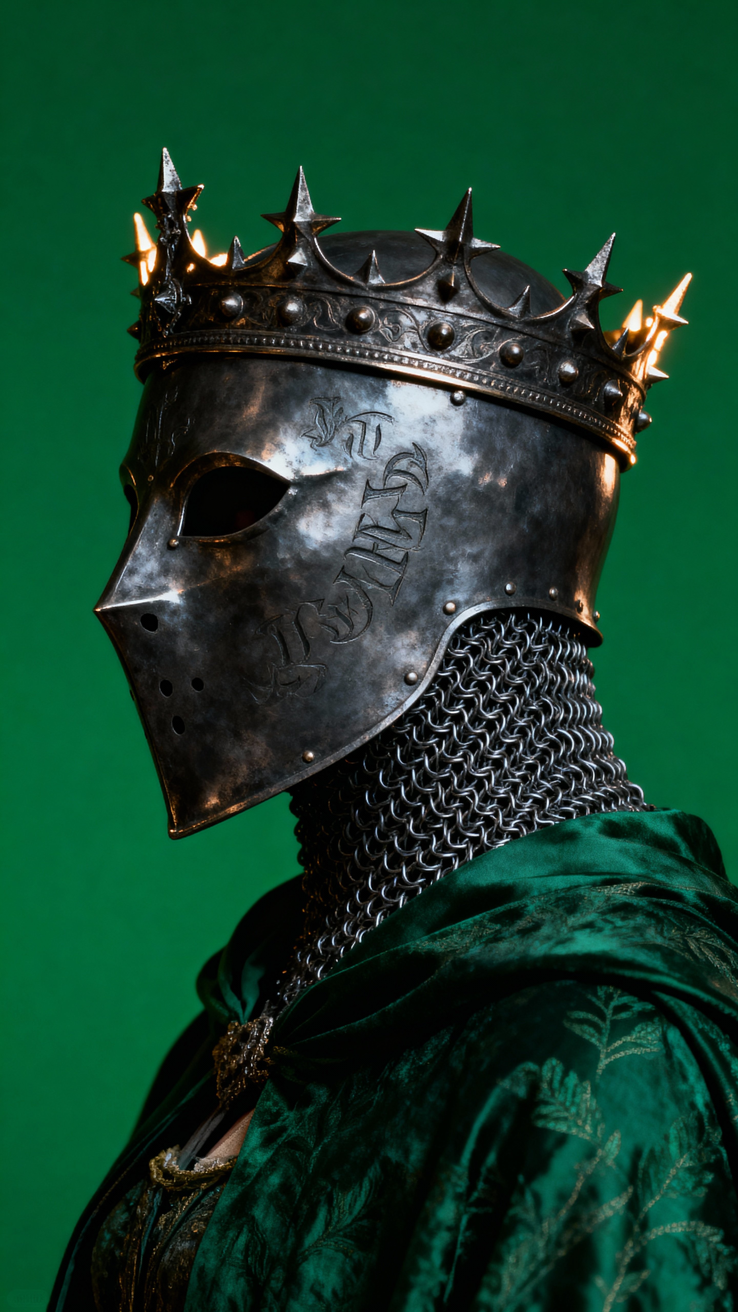 Side-profile portrait of a dark medieval queen wearing a full-face metal mask with faint engravings and an ornate spiked crown. She wears a chainmail coif beneath the crown and is draped in a richly patterned deep green robe with subtle, op