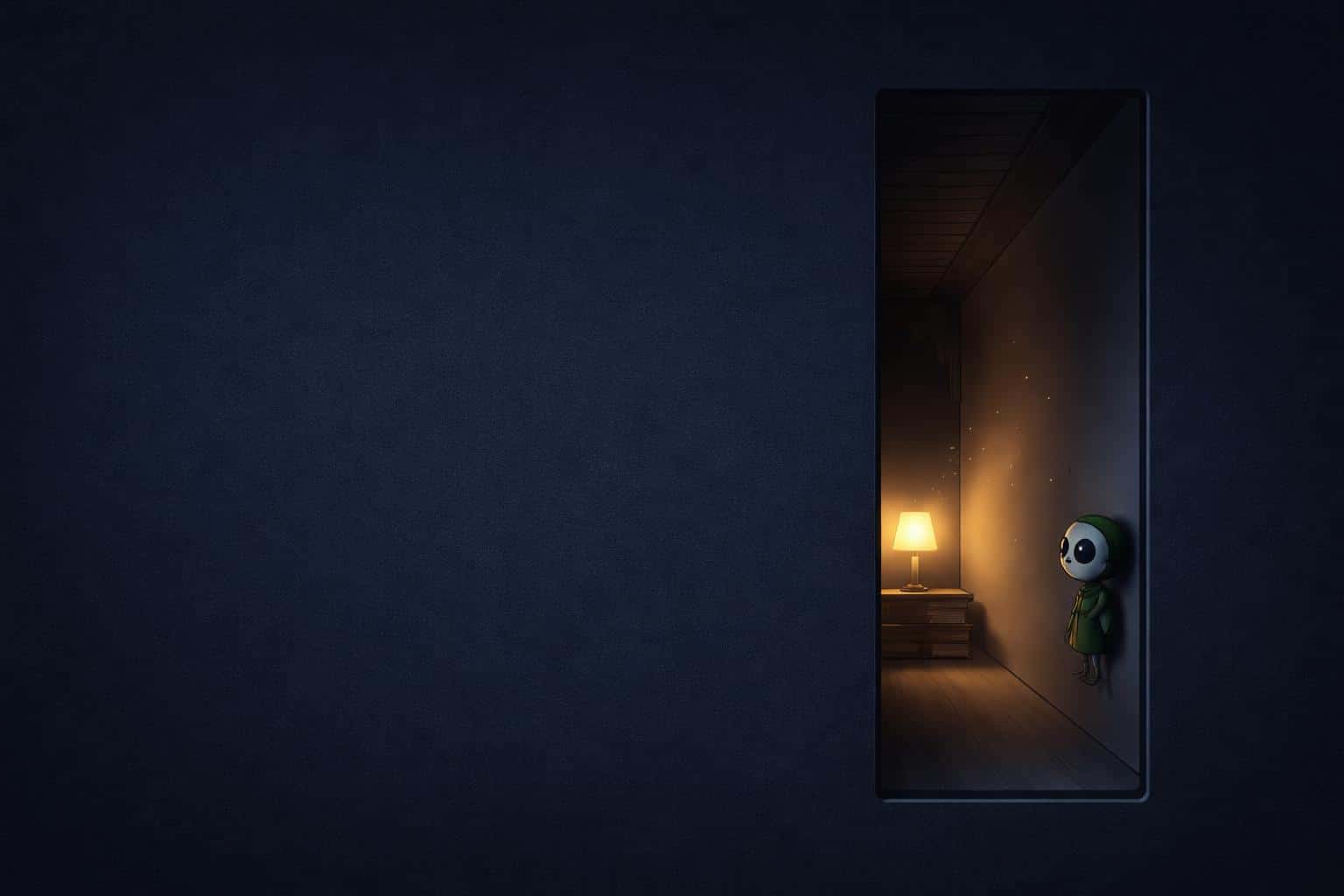 3:2 landscape: minimal midnight-blue background with broad left negative space and a crisp right rectangular cutout revealing a dim sideways interior with a masked sprite, warm lamp glow, and diagonal dust motes.