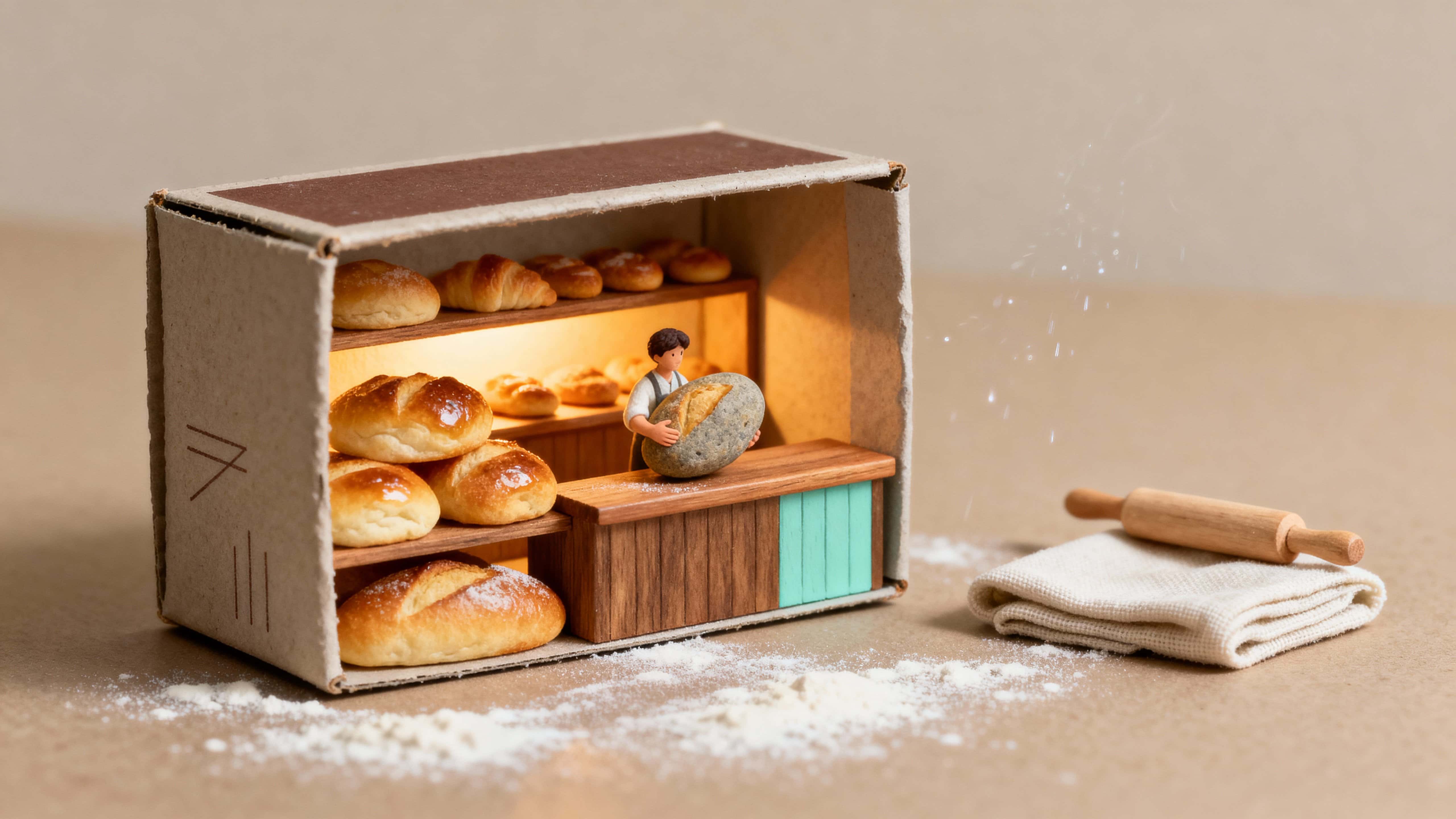 An opened matchbox reveals a glowing miniature bakery filled with tiny pastries and a diminutive figure holding a pebble-sized bread roll, rendered with warm, intimate light.