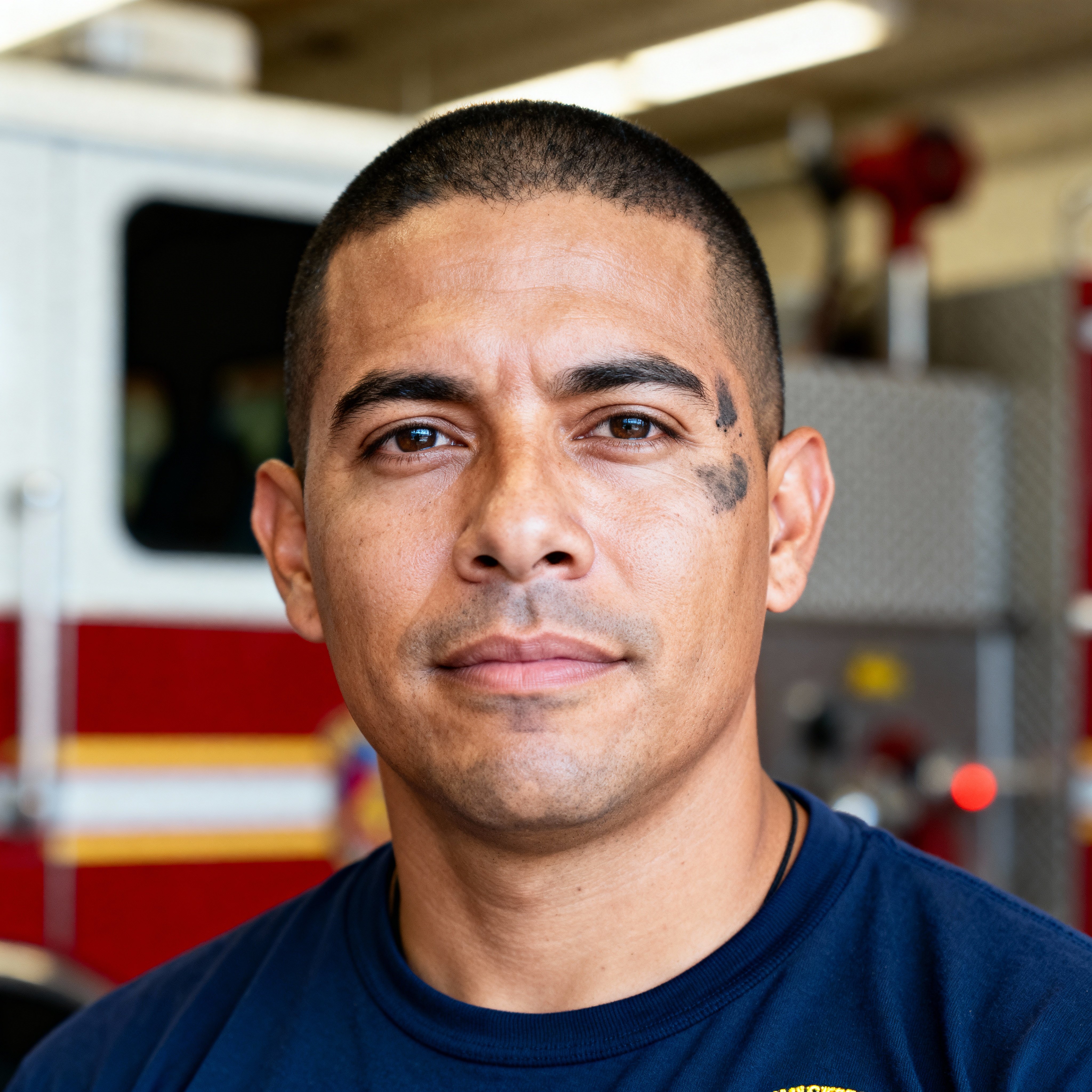 Close headshot of Mateo Rivera, a 39-year-old Puerto Rican firefighter with close-cropped hair, navy tee and a faint soot smear by his temple, calm ready expression, natural skin tones (#D6A67A) contrasted with navy (#0A2342), engine-red (#