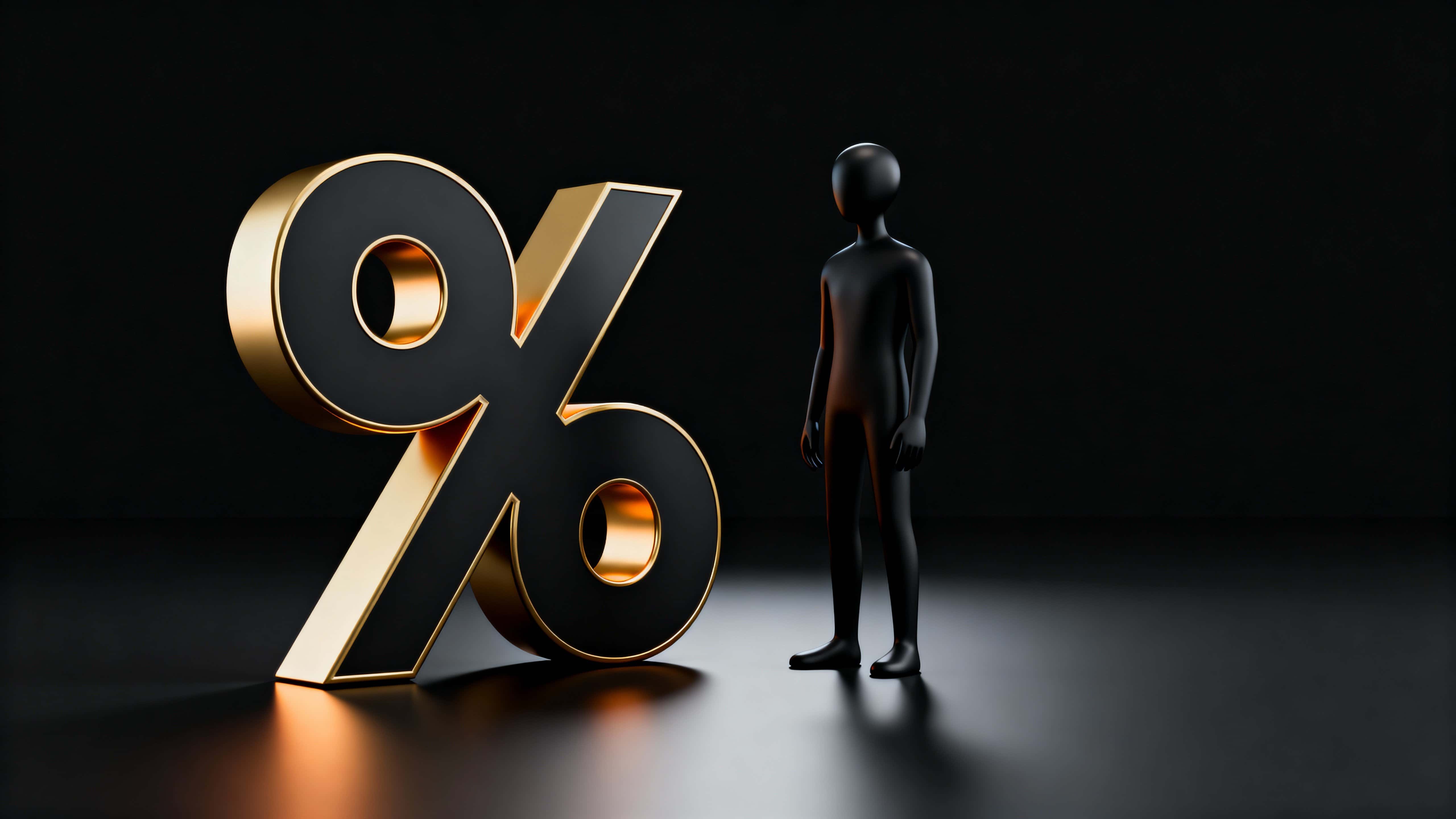 A stylized 3D CGI scene at 16:9 with a matte black faceless character standing right of an oversized sculptural percent symbol, left two-thirds reserved as deep negative space.
