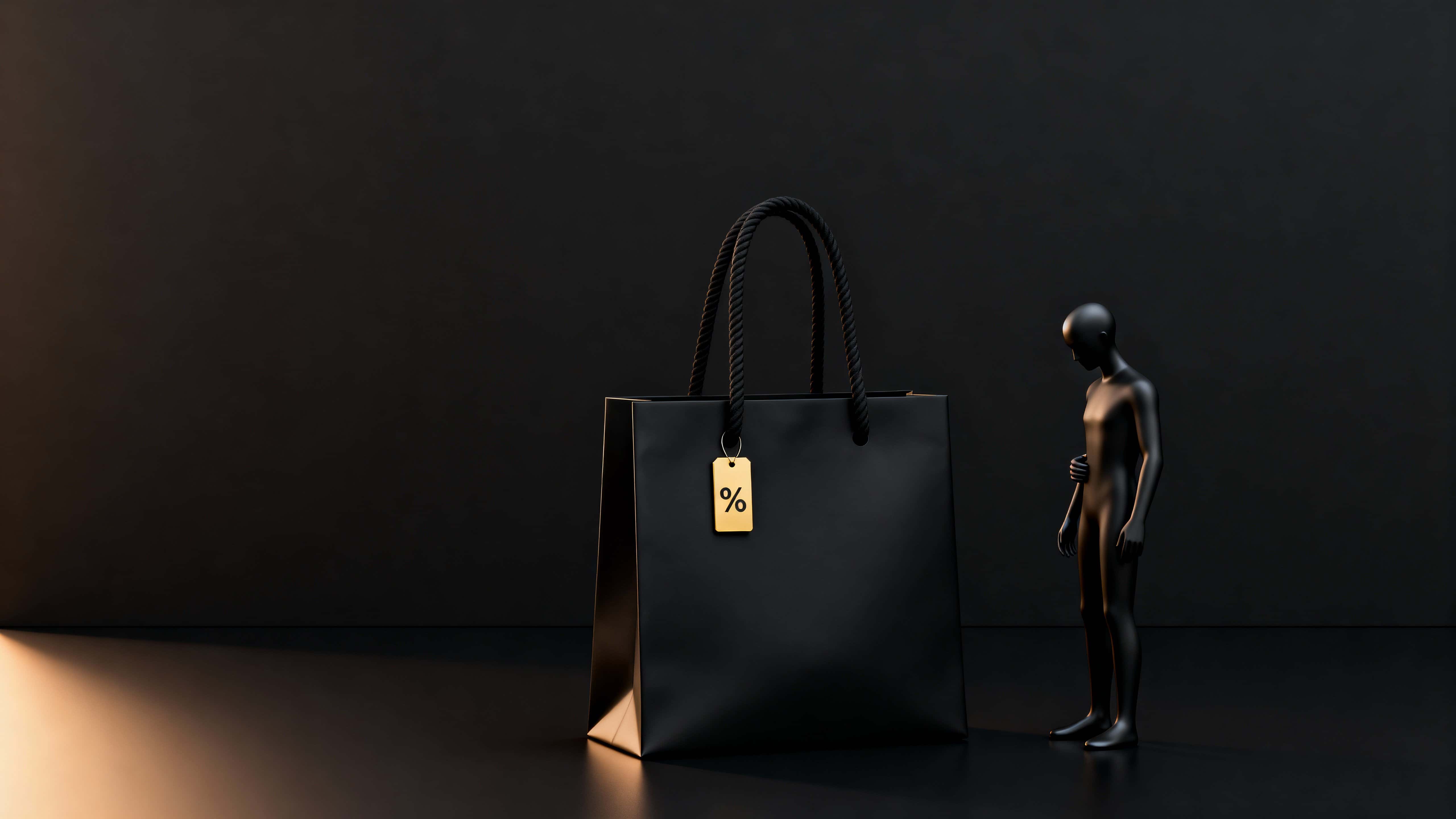 A stylized 3D scene shows a matte-black faceless character at the right third holding an oversized matte-black shopping bag with a small gold % tag amid broad black negative space.