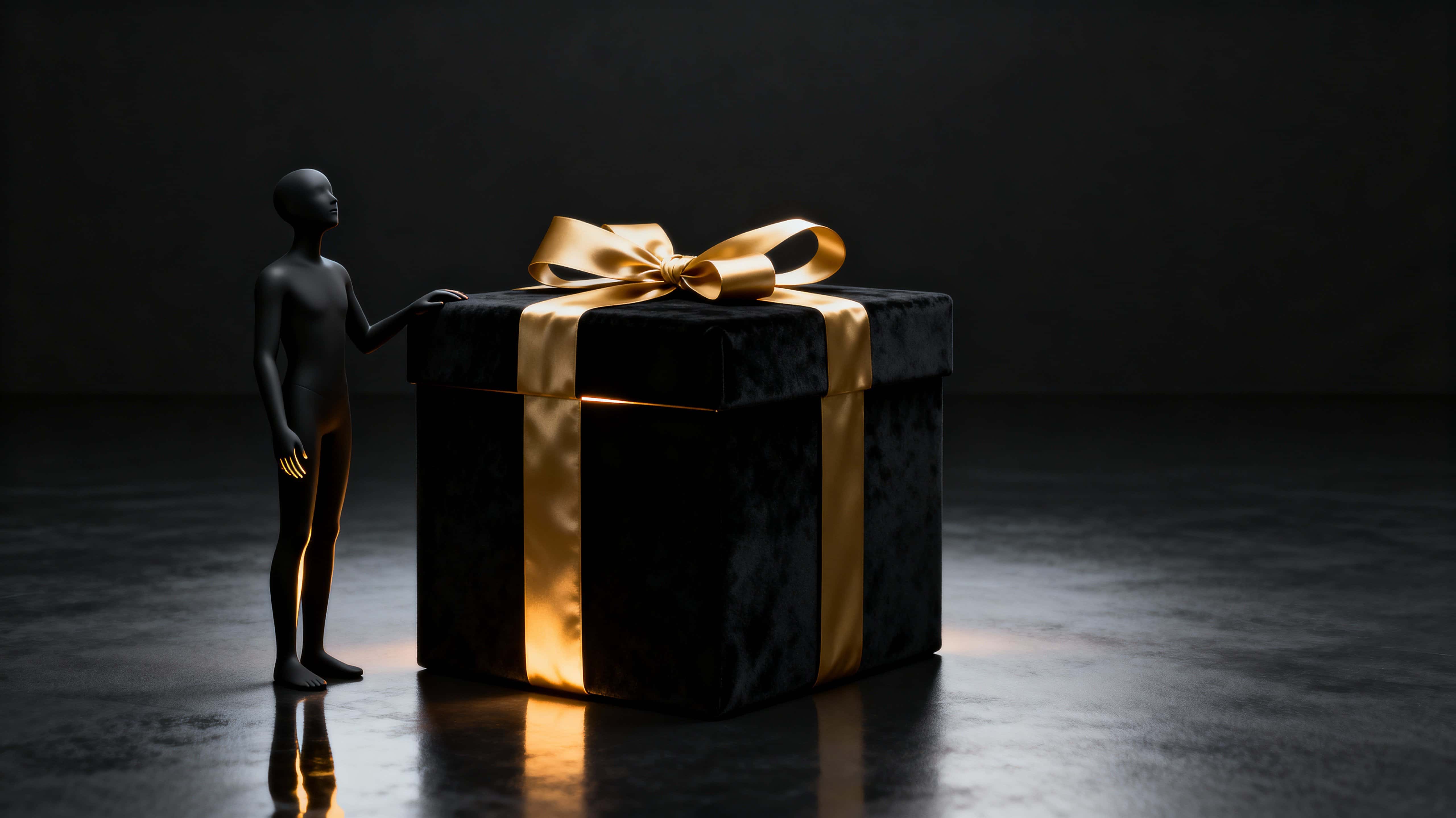 A matte black faceless figure stands left-of-center in a 16:9 stylized studio void, hands resting on a velvety black cubic gift wrapped with a satin gold ribbon as a warm glow seeps from its lid.