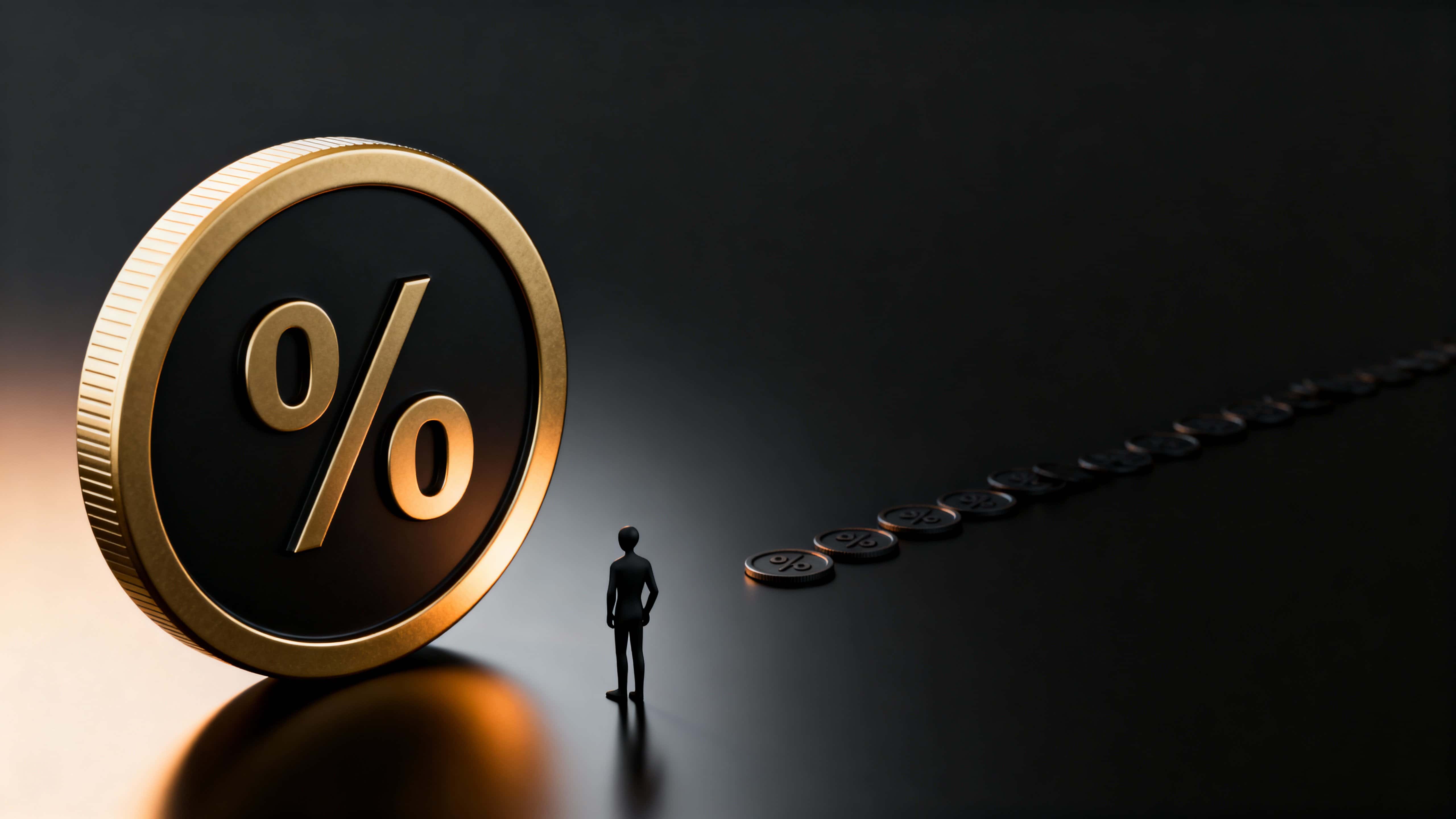 A matte black faceless figure stands contemplative beside a thick gold-edged token on a matte black floor, framed in expansive 16:9 negative space with warm rim lighting and minimal surroundings.