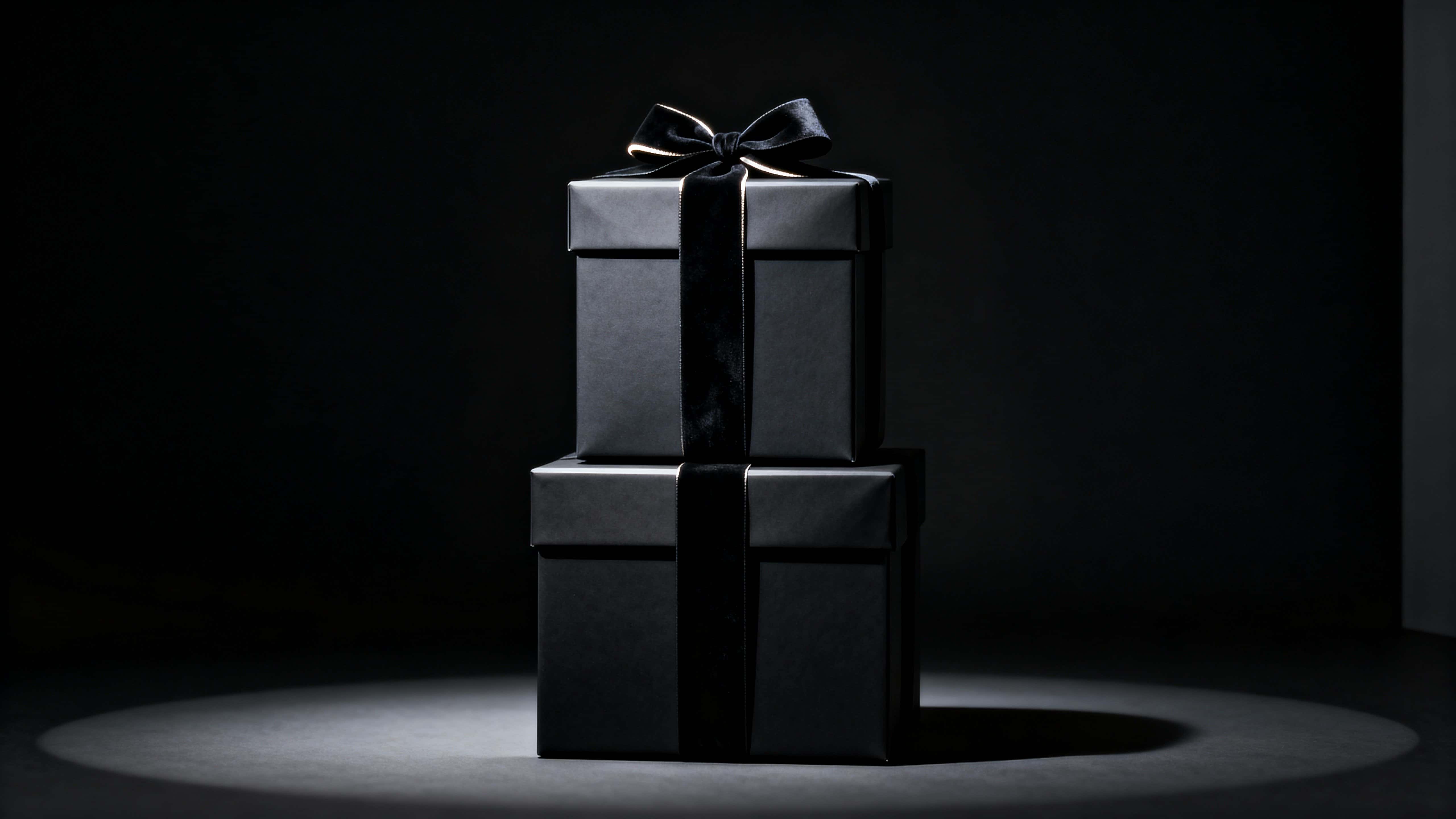 A tall, narrow stack of matte-black gift boxes centered in a 16:9 frame with soft top-down highlights on the knot and upper planes, deep near-black negative space above, and a subtle floor shadow.