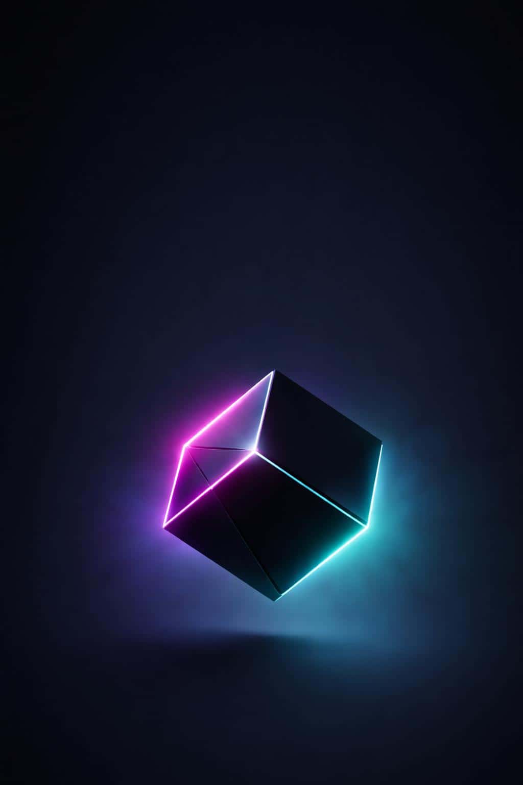 A matte-black glass geometric object floats in the lower-to-mid third of a deep navy-black 2:3 field, tilted with magenta-to-cyan neon rim glow and teal reflections, soft bloom, minimal shadow.