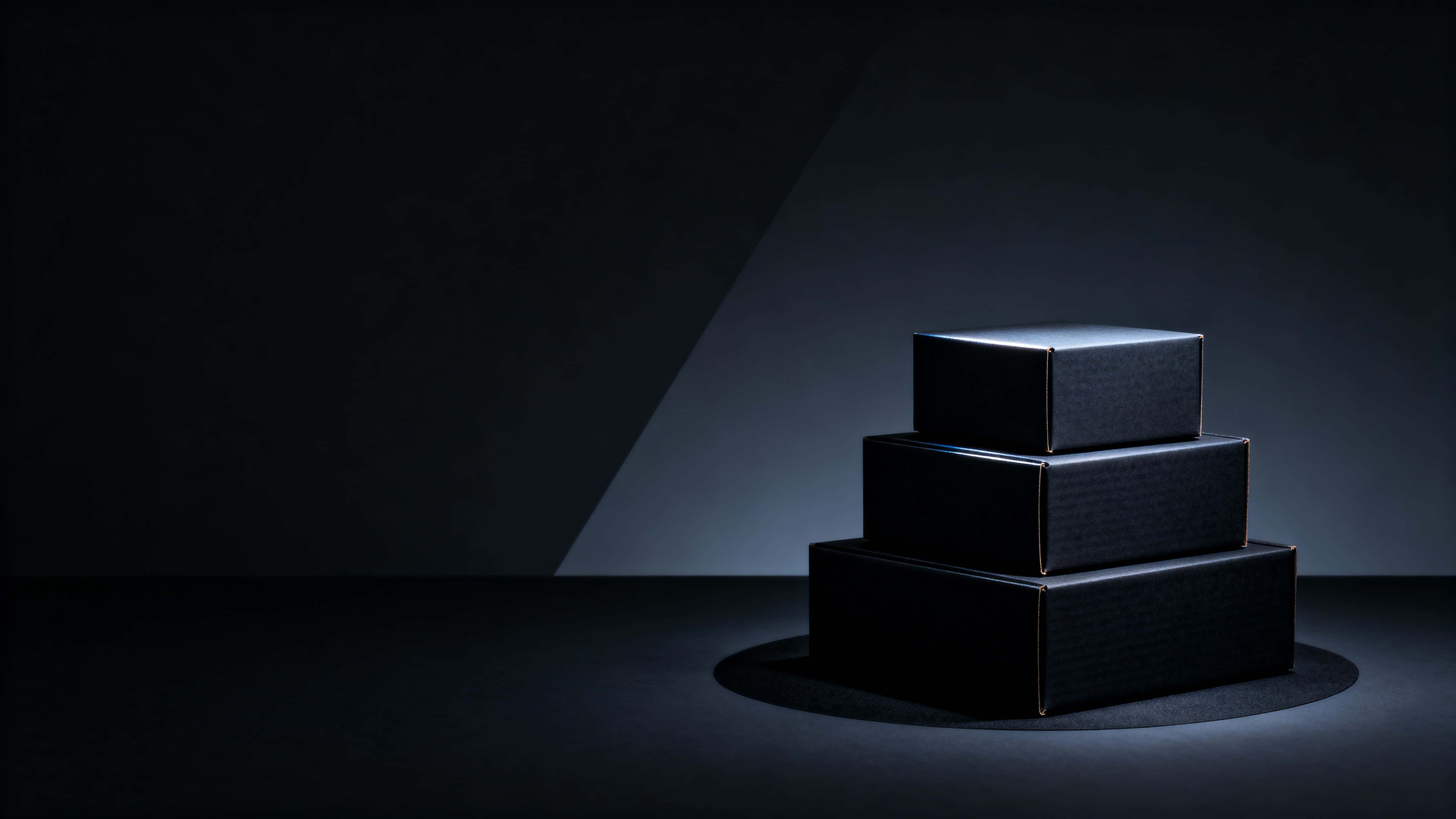 A stack of three matte-black boxes occupies the right third of a 16:9 ultra-wide frame, lit by soft cool side light from the left with thin highlights from #050505 to #141414 and a broad near-black negative space with a diagonal gradient on