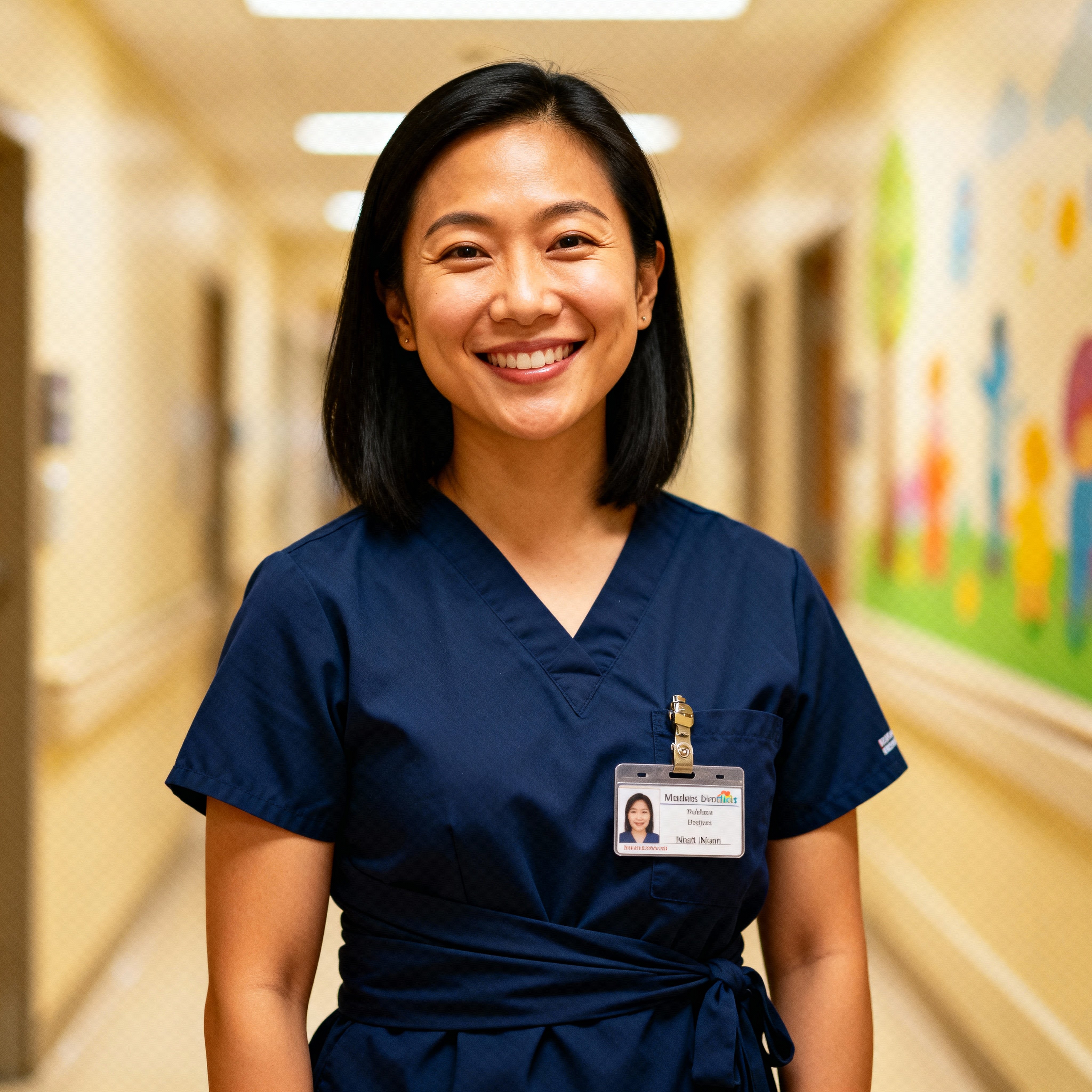 Headshot of Maya Lin, a Taiwanese American pediatric nurse in navy scrubs with a cheerful yellow badge reel and faint smile lines, soft even wrap, clean corridor blur with teal and warm decal accents, projecting steady warmth after checking