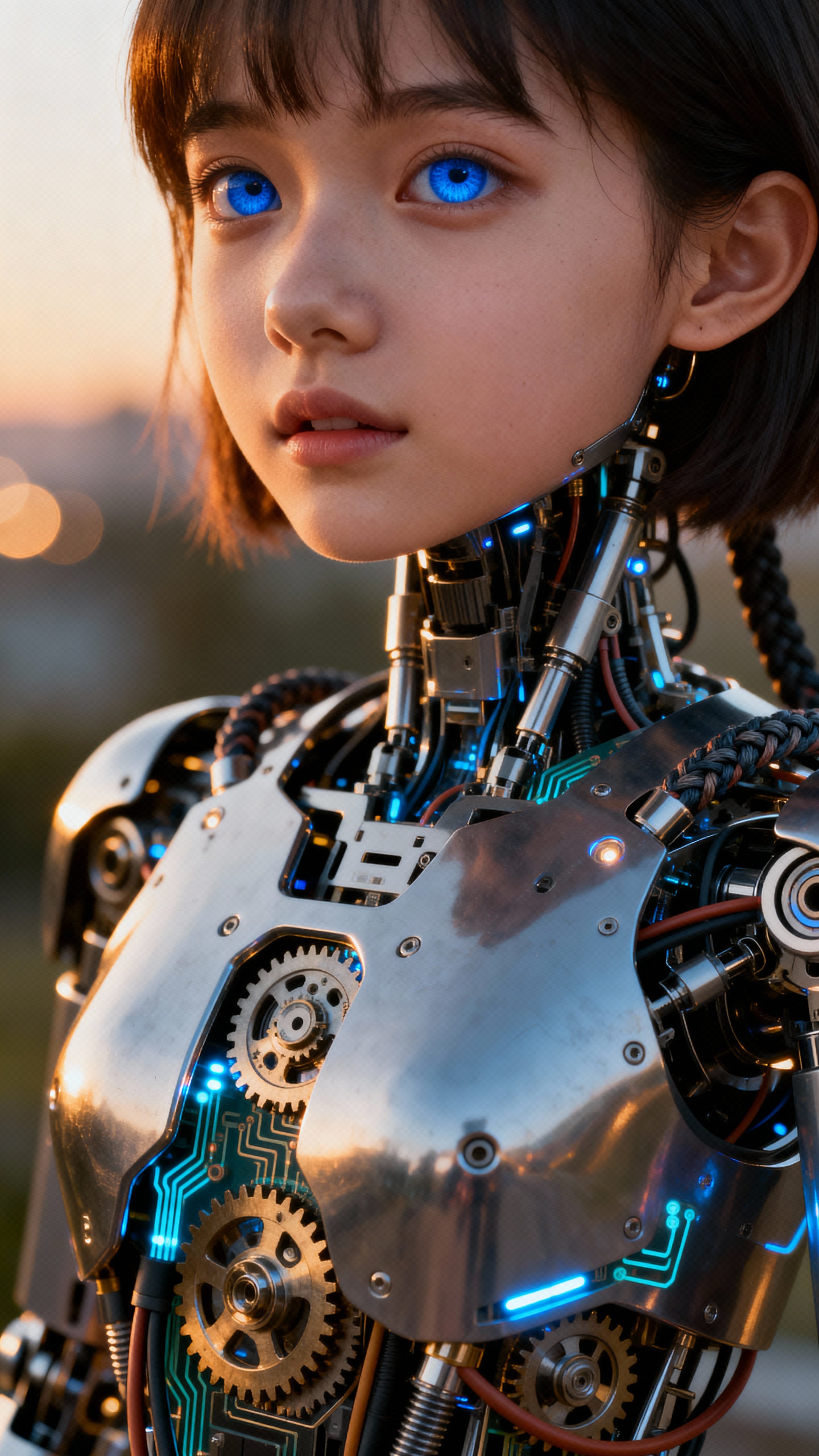 A striking wide-angle portrait of a very beautiful mechanical girl at early morning light. She blends lifelike human features and visible robotic mechanisms: intricate gears, pistons, exposed circuitry, and tempered metal plates integrated,