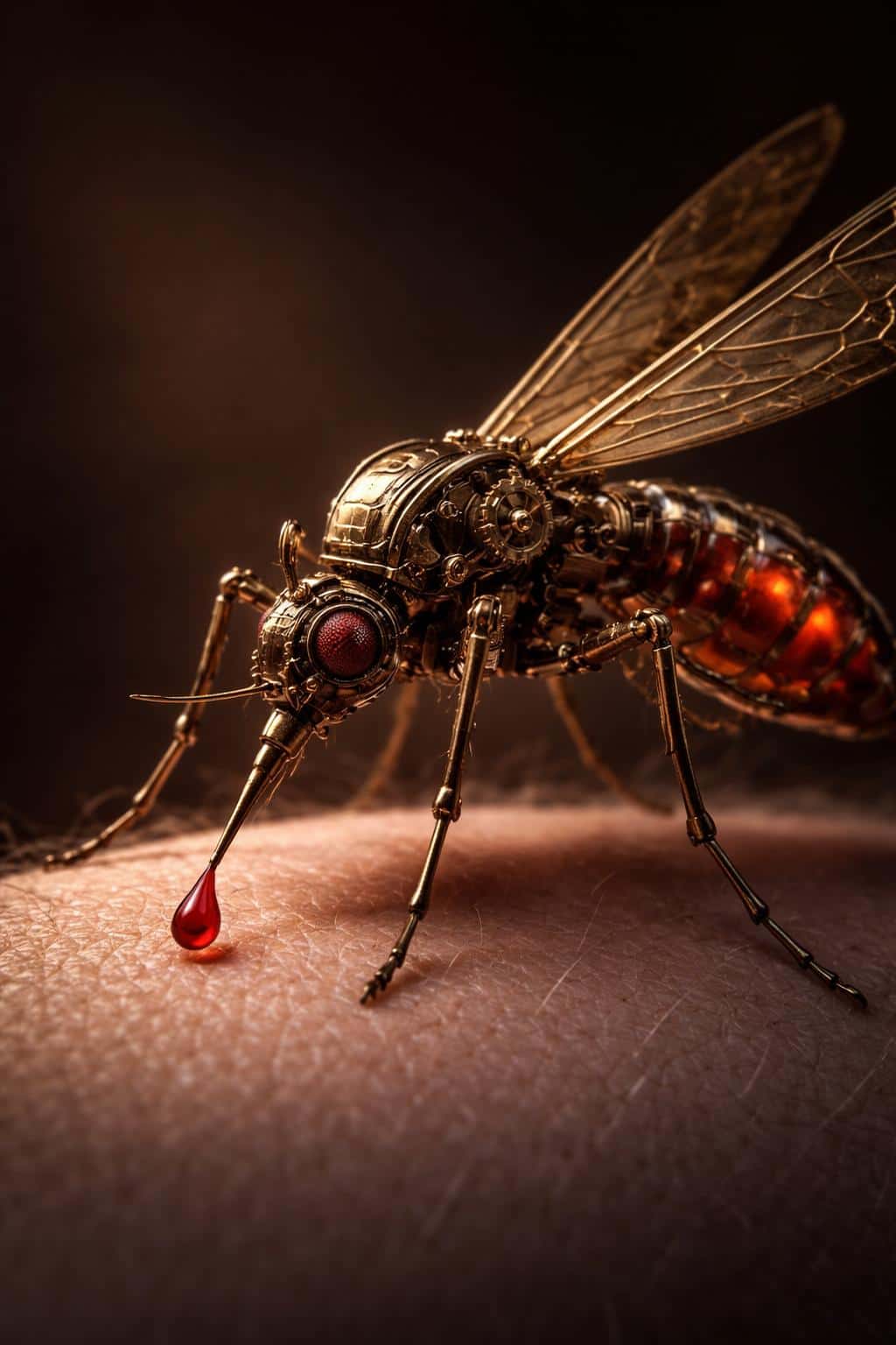 Close-up 3D render of a gold mechanical mosquito perched on skin, with a single blood drop at its proboscis and warm rim lighting for a poster-cover feel.
