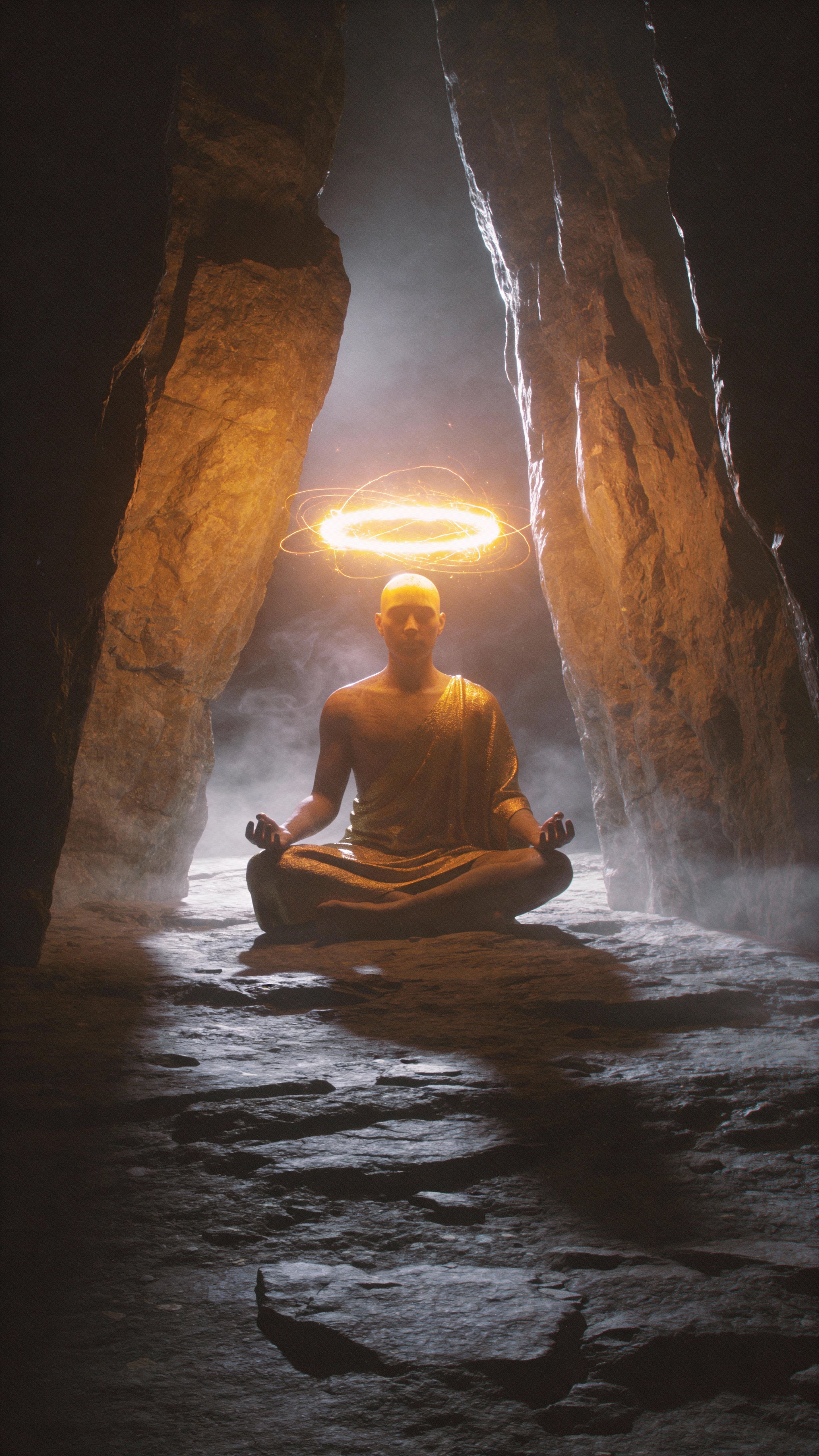A meditating figure seated on rocky ground inside a dark cave, faint mist curling around them and a luminous energy halo above the head, warm gold glow against cold shadows in a 9:16 vertical frame.