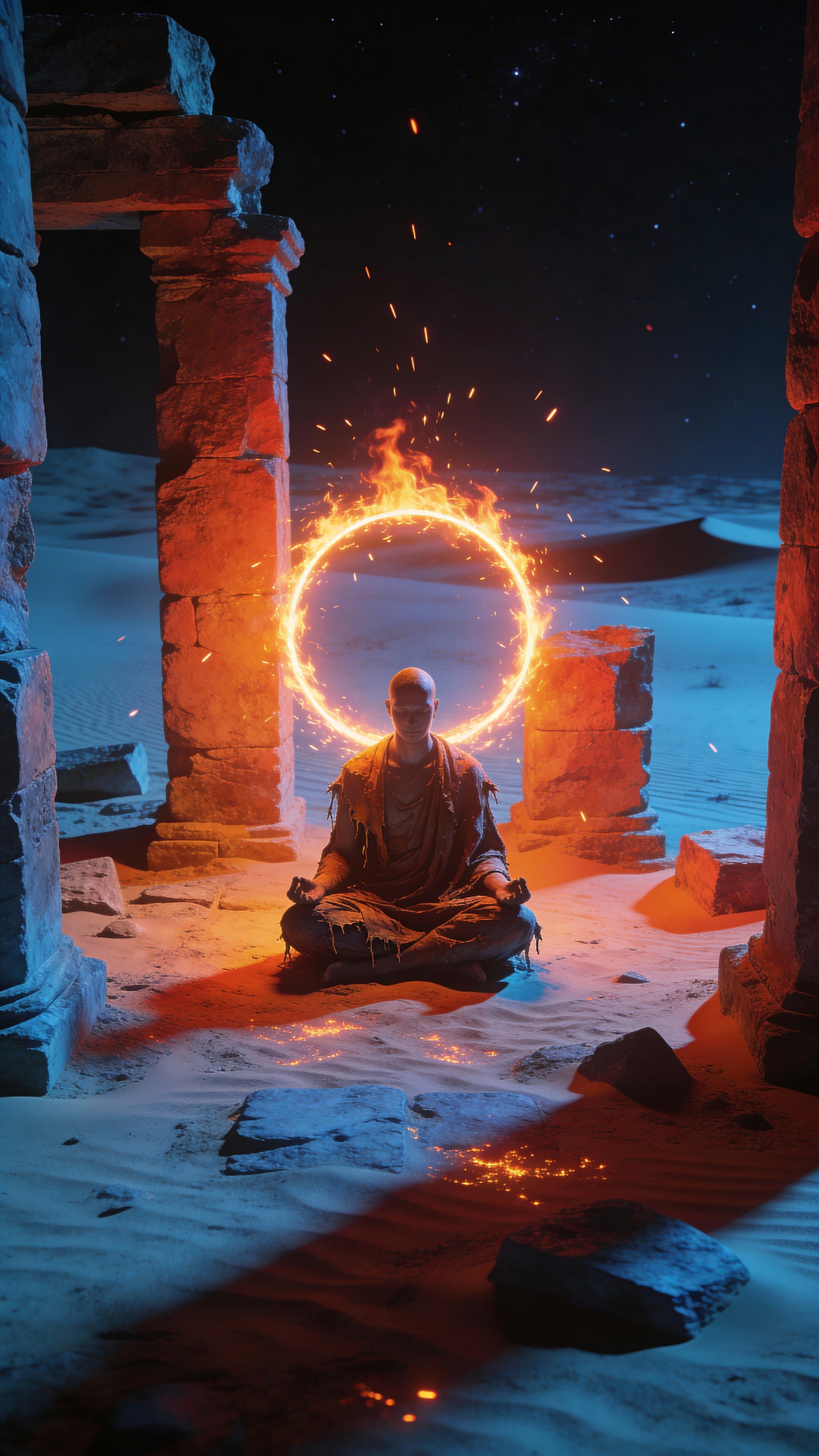 A lone meditating figure sits among crumbling desert ruins beneath a glowing circular halo of fire, sparks falling in a vertical 9:16 frame that emphasizes a dramatic, spiritual night scene.