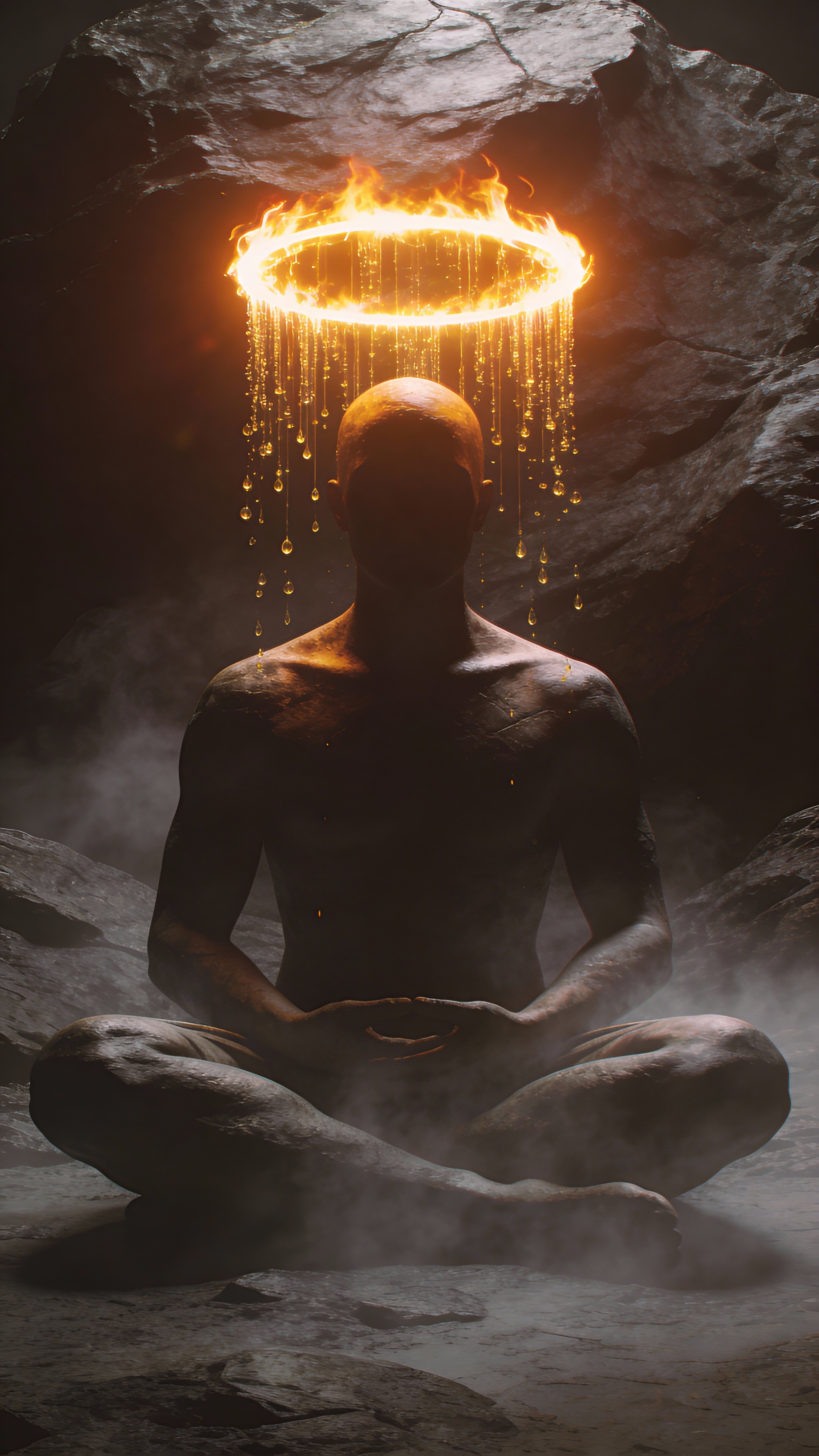 Vertical 9:16 cinematic scene of a meditating human seated cross-legged in a dark rocky cavern, face hidden in shadow beneath a glowing fiery halo and dripping golden particles.