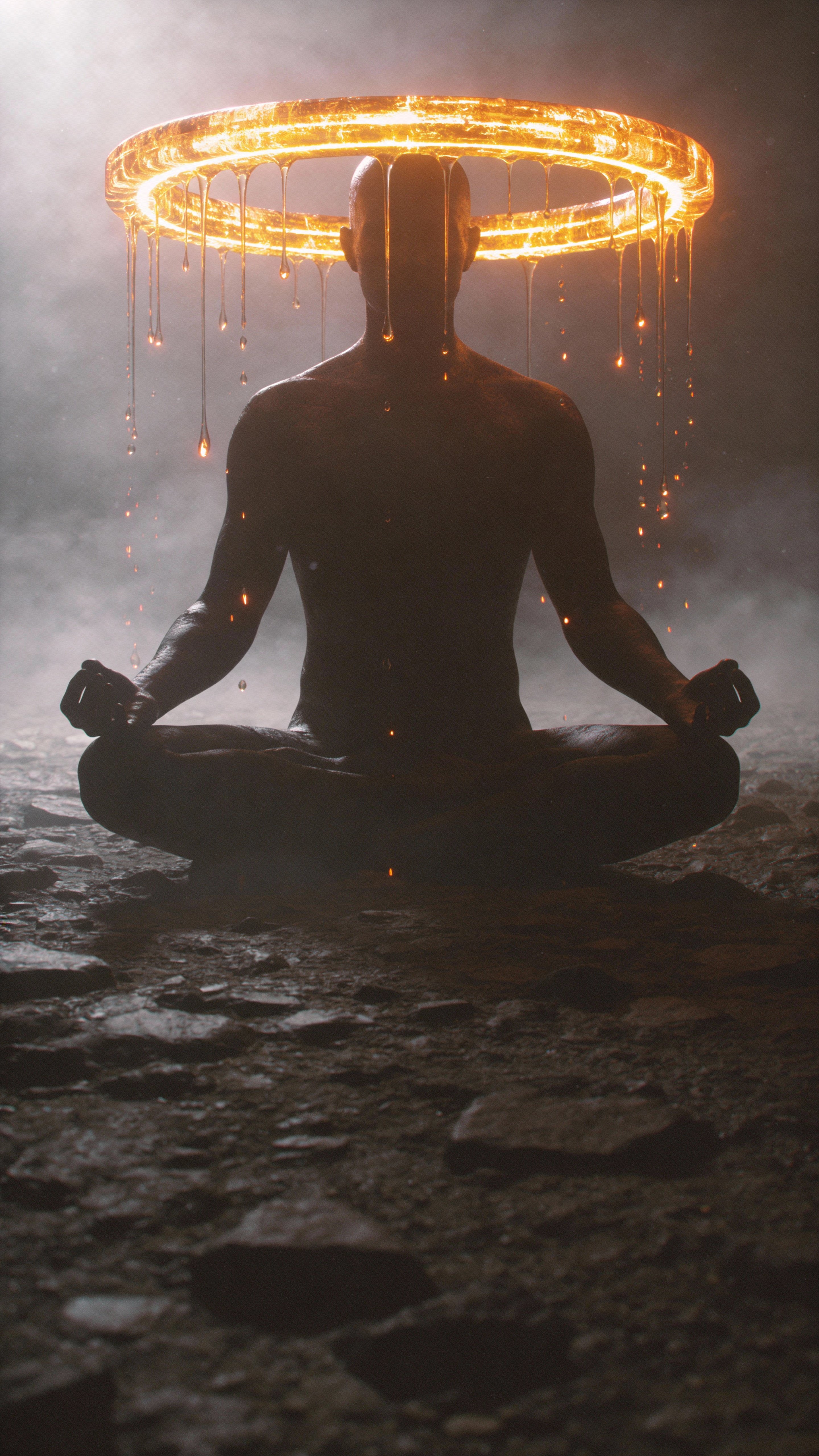 A dark cinematic surreal portrait of a meditating human silhouette with face hidden in shadow, a floating golden energy halo and molten light particles dripping over rocky ground and volumetric fog.