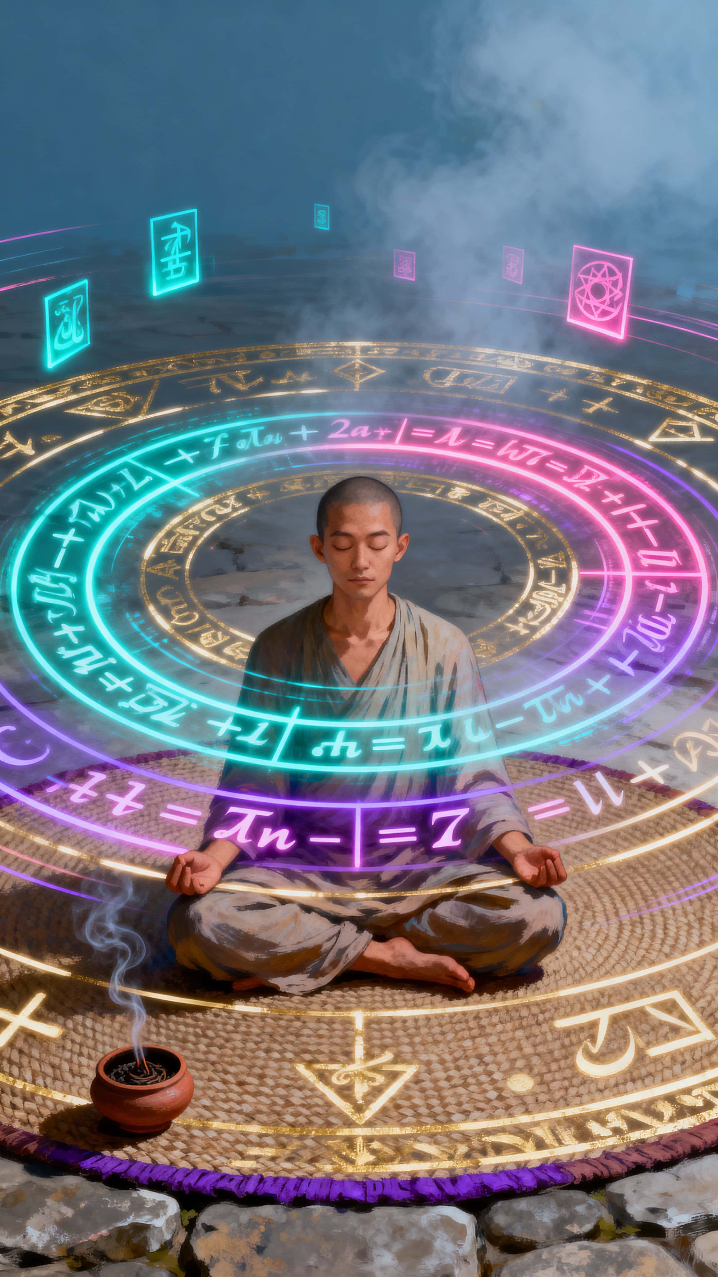 A solitary meditator sits while rotating mathematical sigils orbit them like ancient magic circles rendered as futuristic neon geometry in a vertical frame.