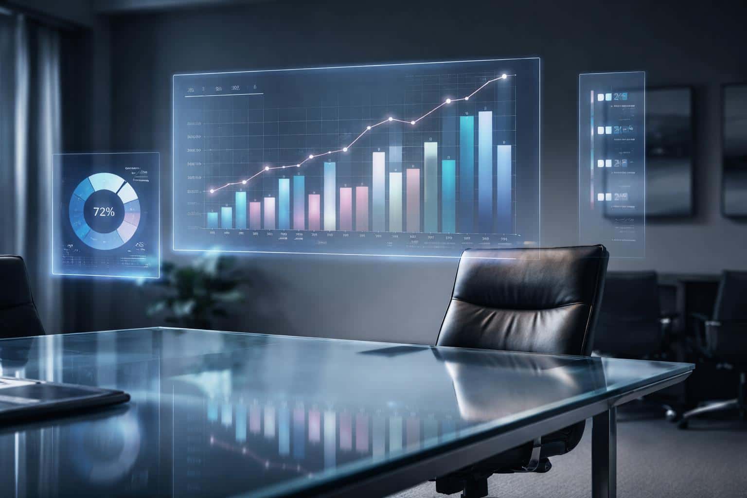 A 3:2 interior photograph of a modern meeting room with translucent holographic charts over a glass table, lit for sleek corporate poster-cover use.
